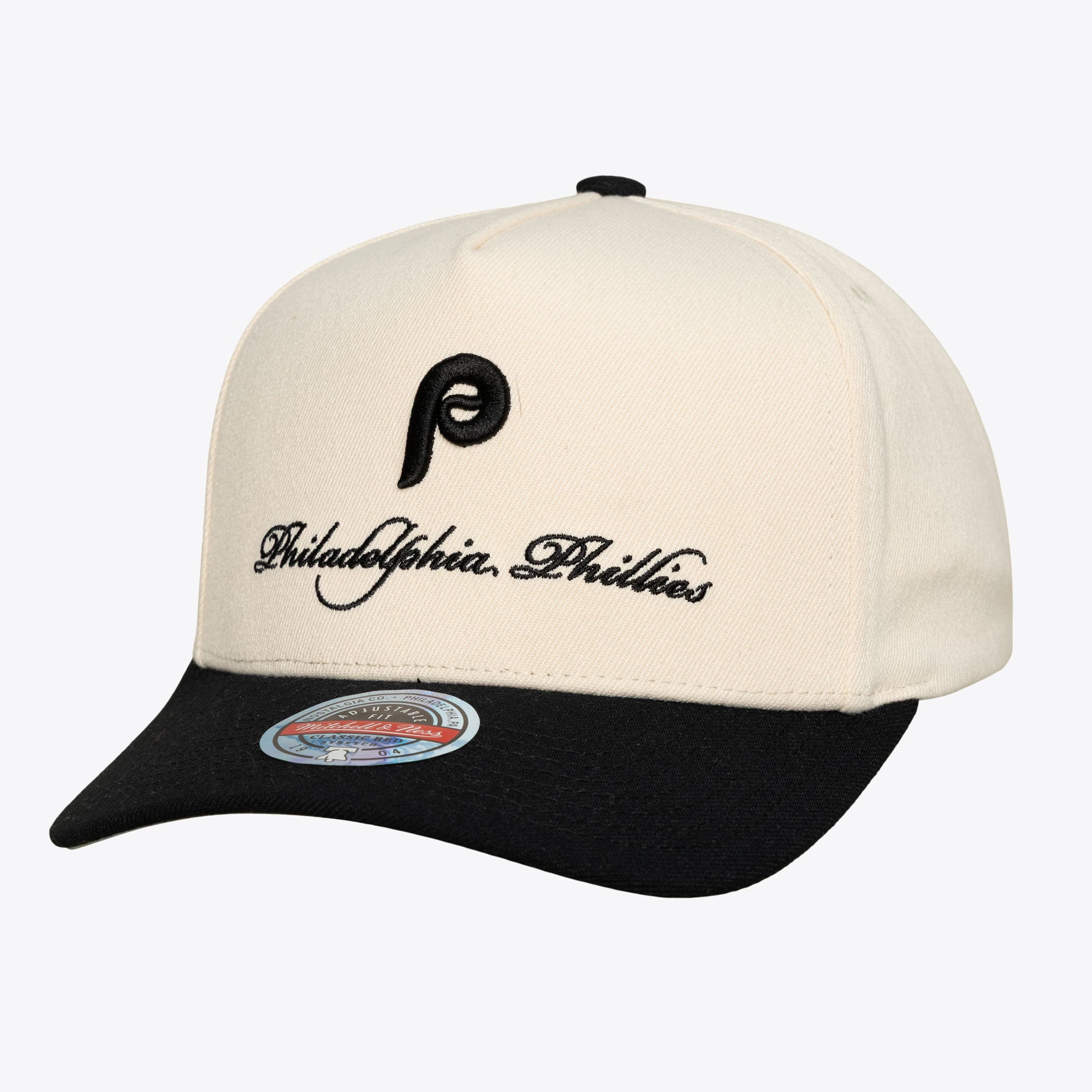 Men's Mitchell & Ness Cream/Black Philadelphia Phillies Cooperstown Collection Flawless Script Stretch-Snap Hat