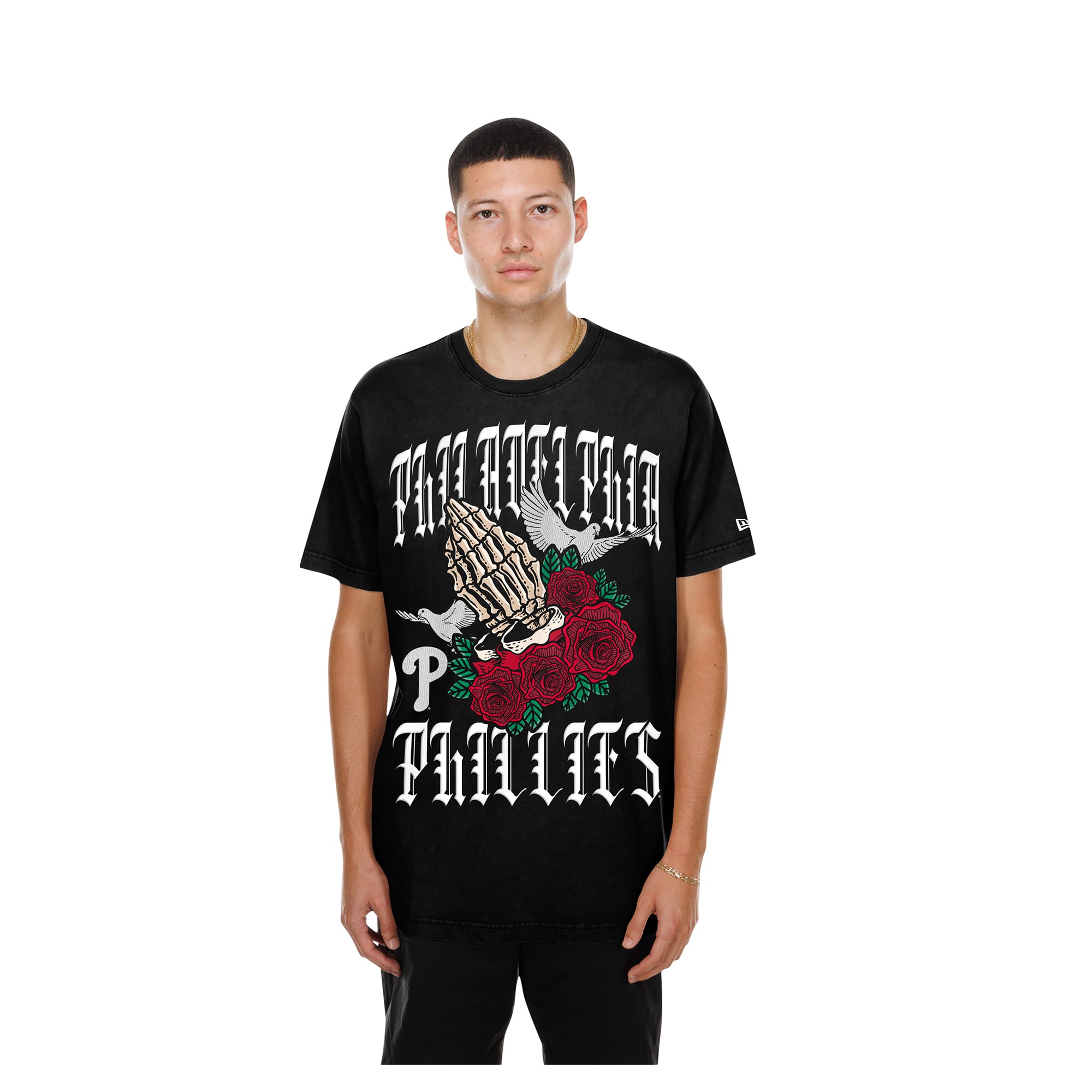 T-shirt New Era noir pour homme, style Philadelphia Phillies, avec logo « Blessed ».