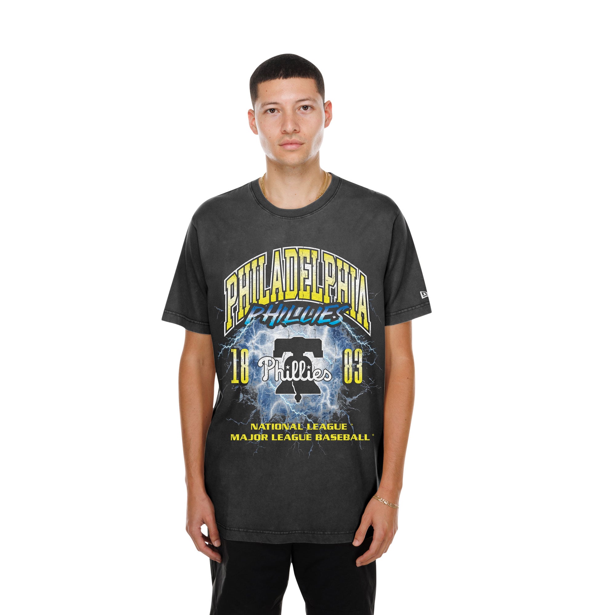 T-shirt New Era noir pour homme, motif éclair, logo des Phillies de Philadelphie, délavage minéral