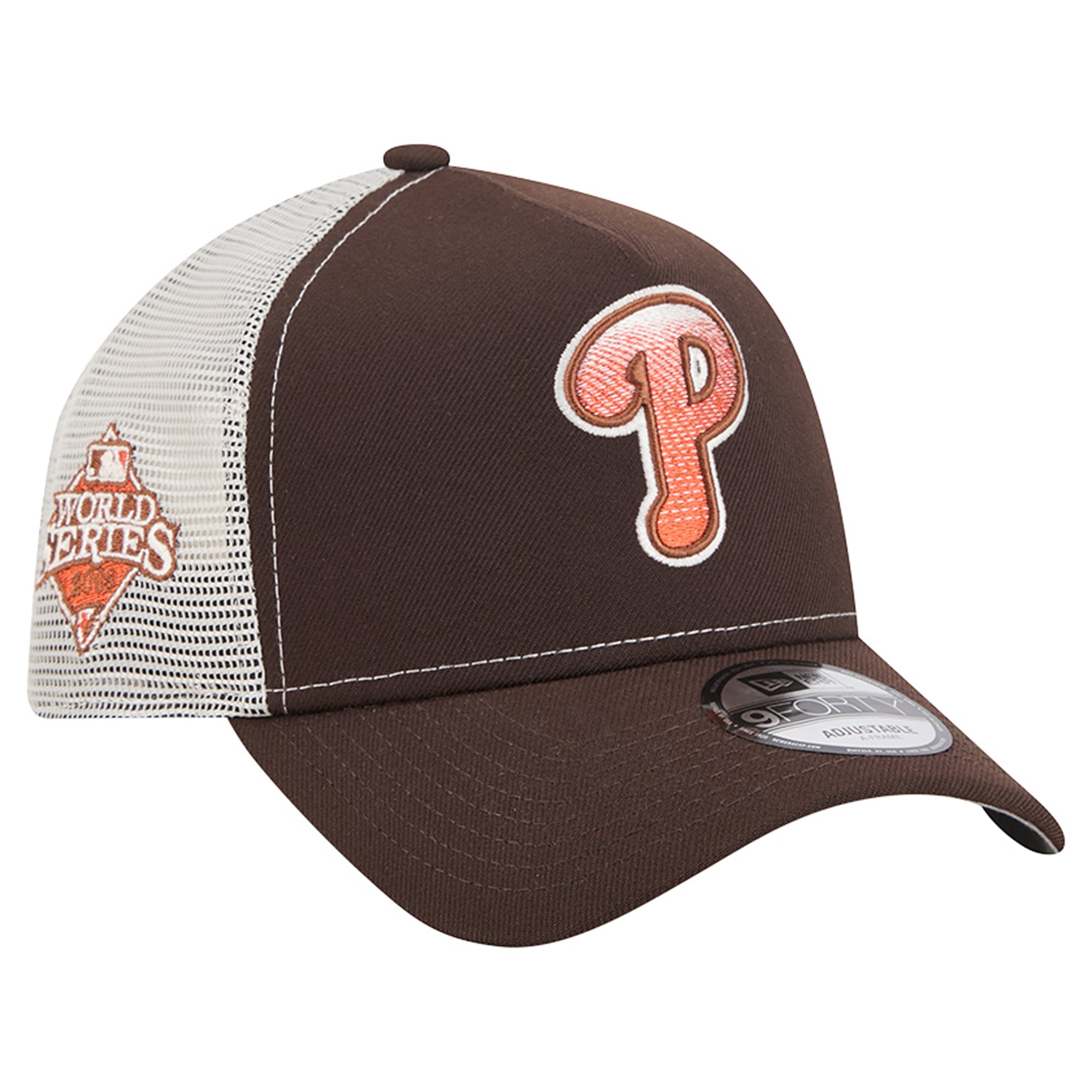 Men's New Era Brown Philadelphia Phillies Pumpkin Spice A-Frame 9FORTY Adjustable Trucker Hat