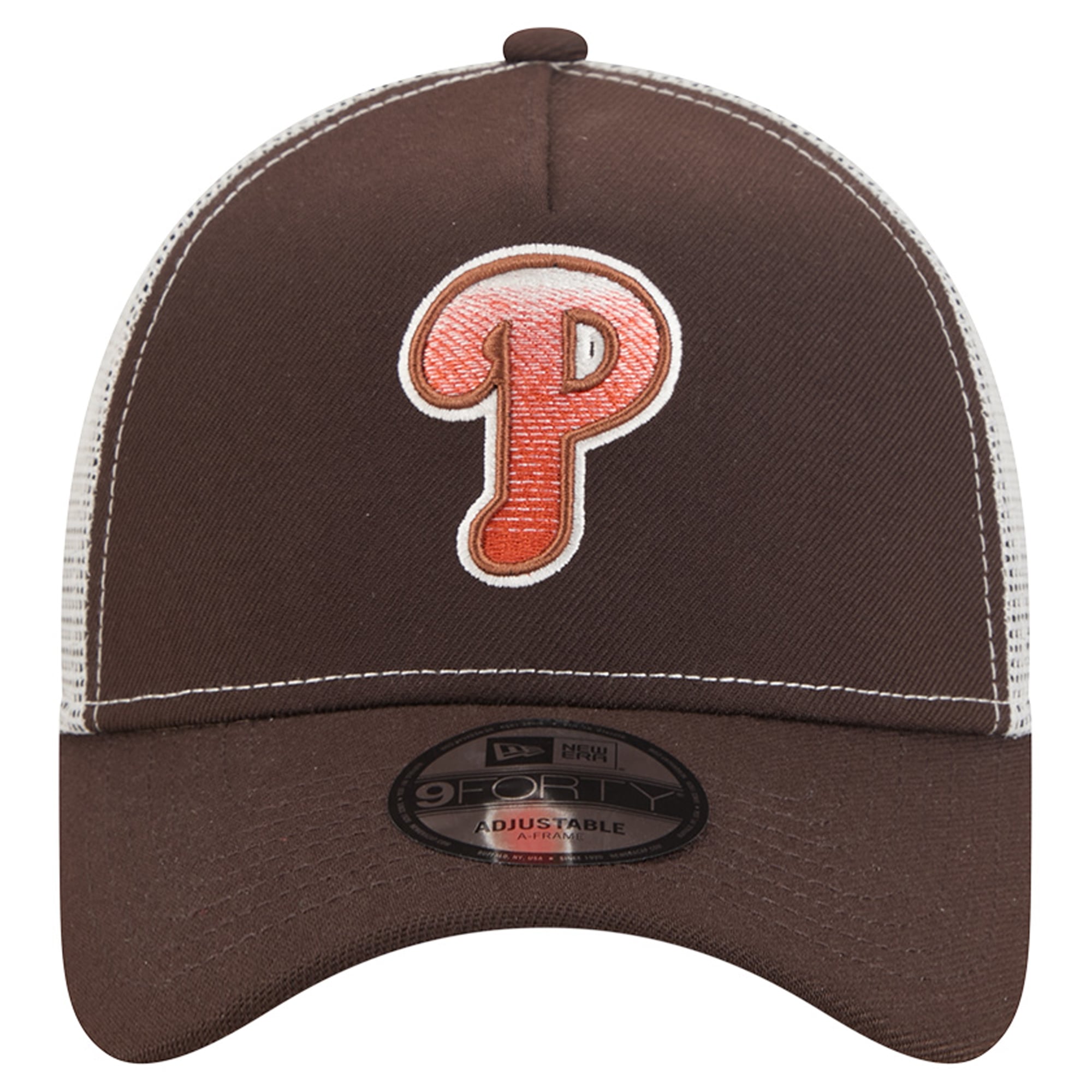 Men's New Era Brown Philadelphia Phillies Pumpkin Spice A-Frame 9FORTY Adjustable Trucker Hat