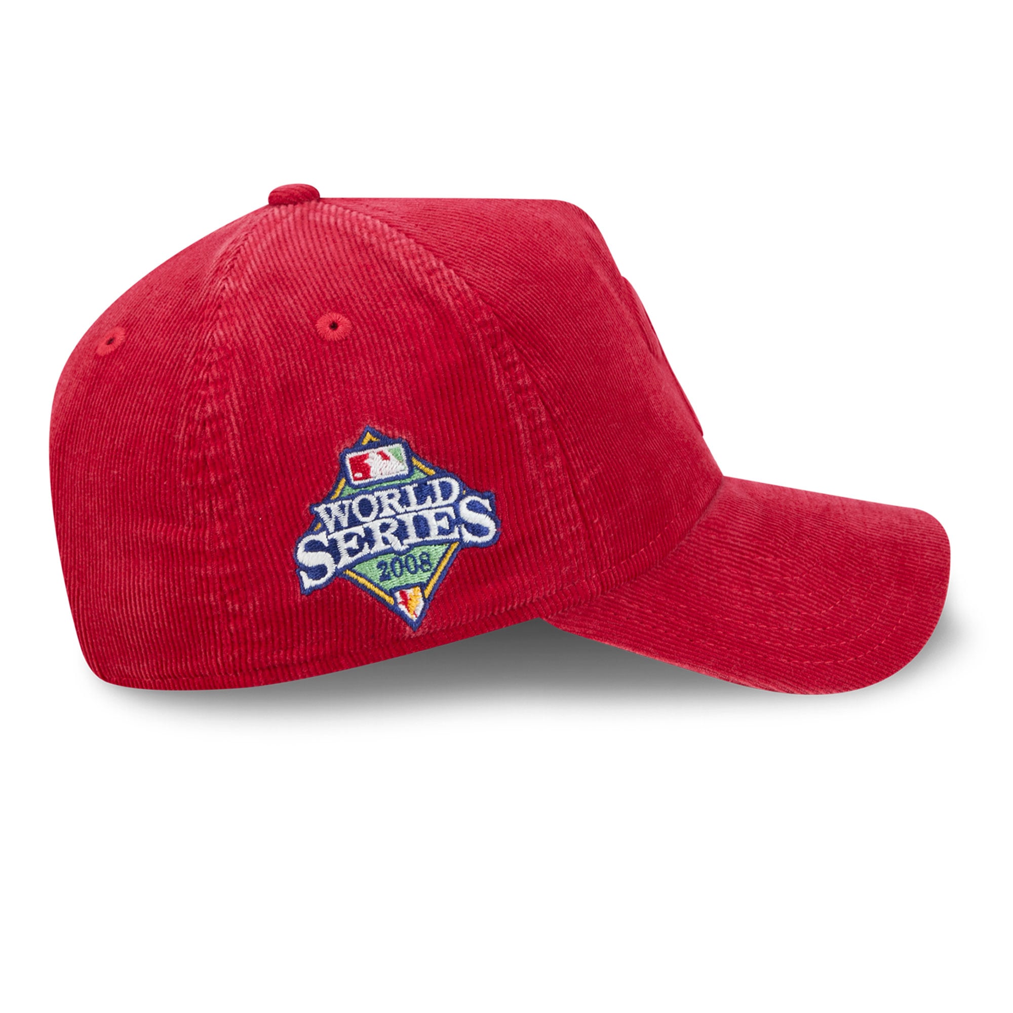 Casquette New Era rouge Philadelphia Phillies 2008 World Series pour homme, en velours côtelé ton sur ton, modèle 9FORTY à monture A ajustable, avec écusson latéral.