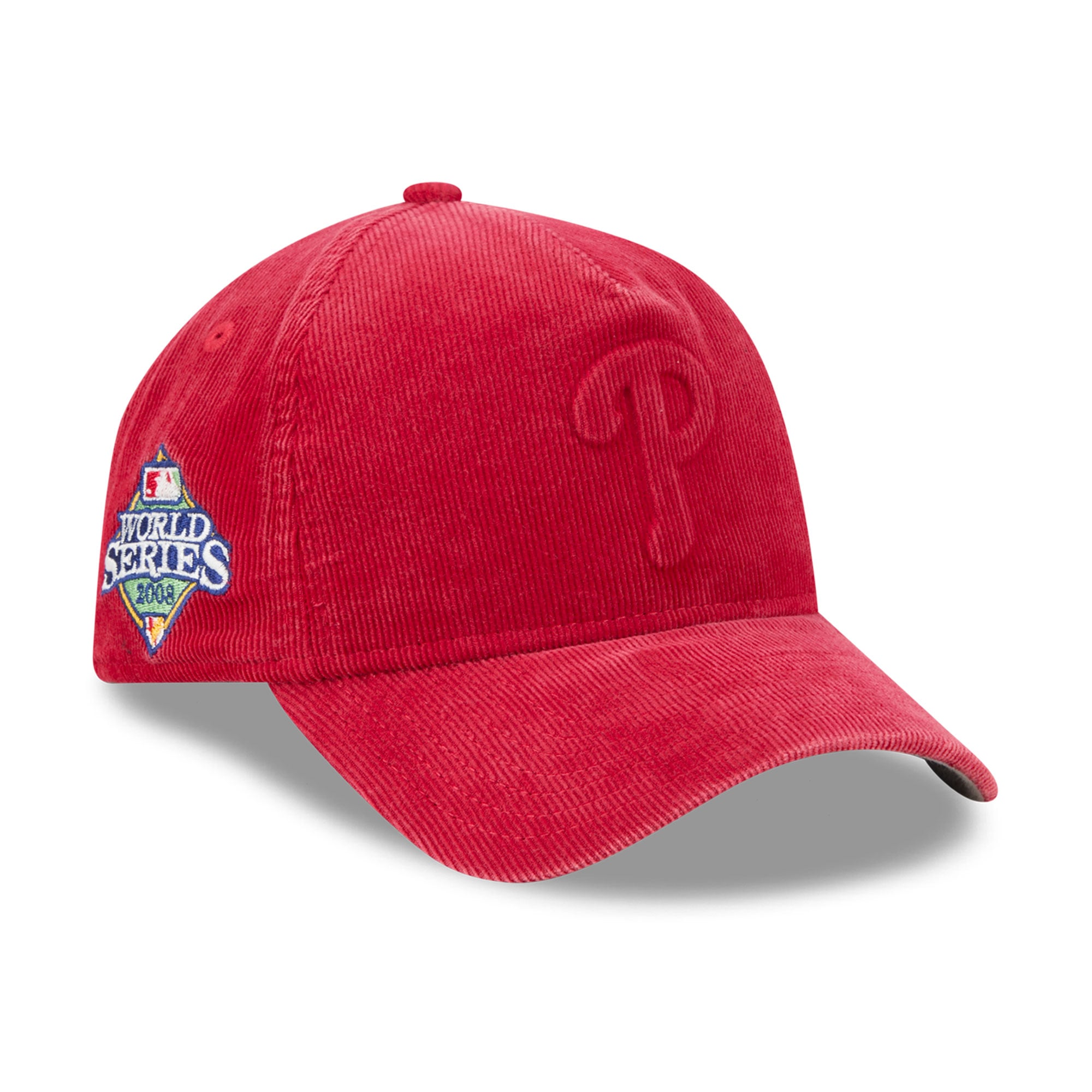 Casquette New Era rouge Philadelphia Phillies 2008 World Series pour homme, en velours côtelé ton sur ton, modèle 9FORTY à monture A ajustable, avec écusson latéral.