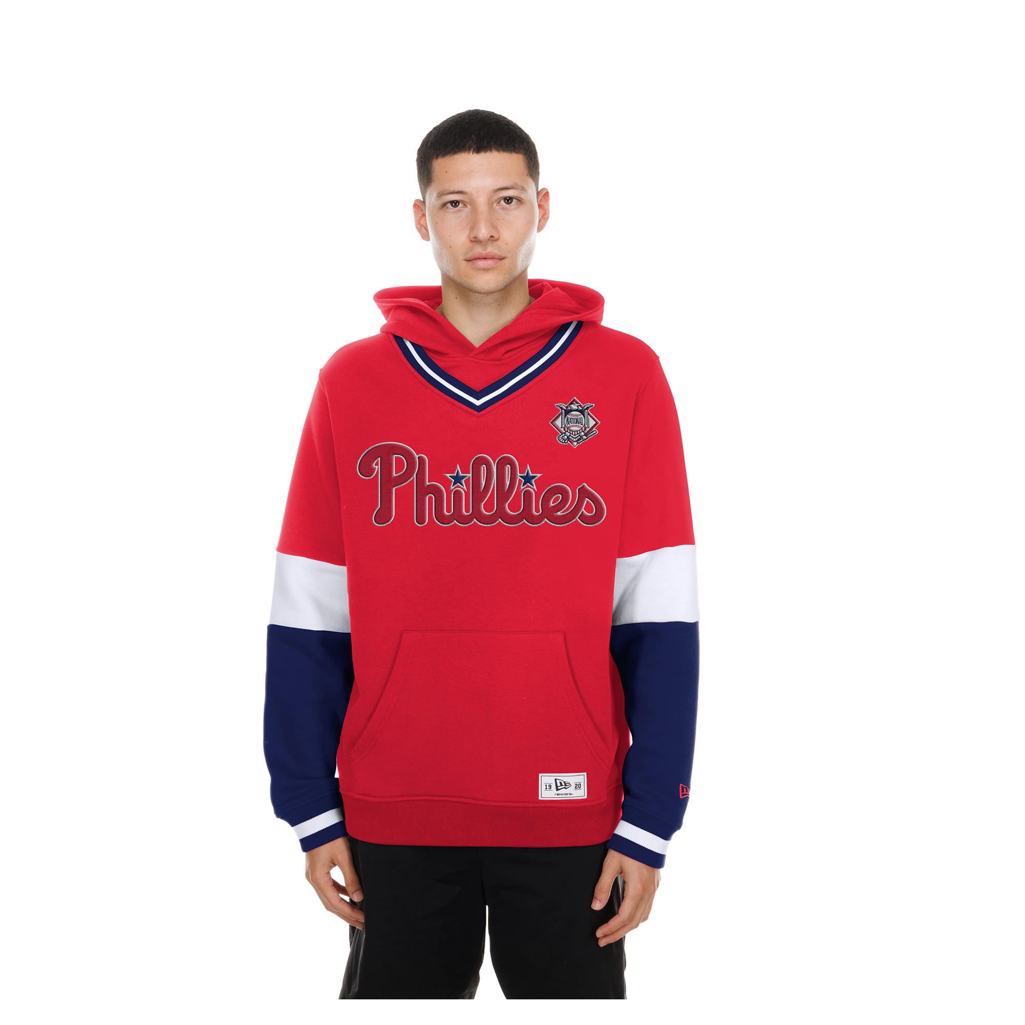 Sweat à capuche New Era rouge Philadelphia Phillies pour homme, col en V, color block