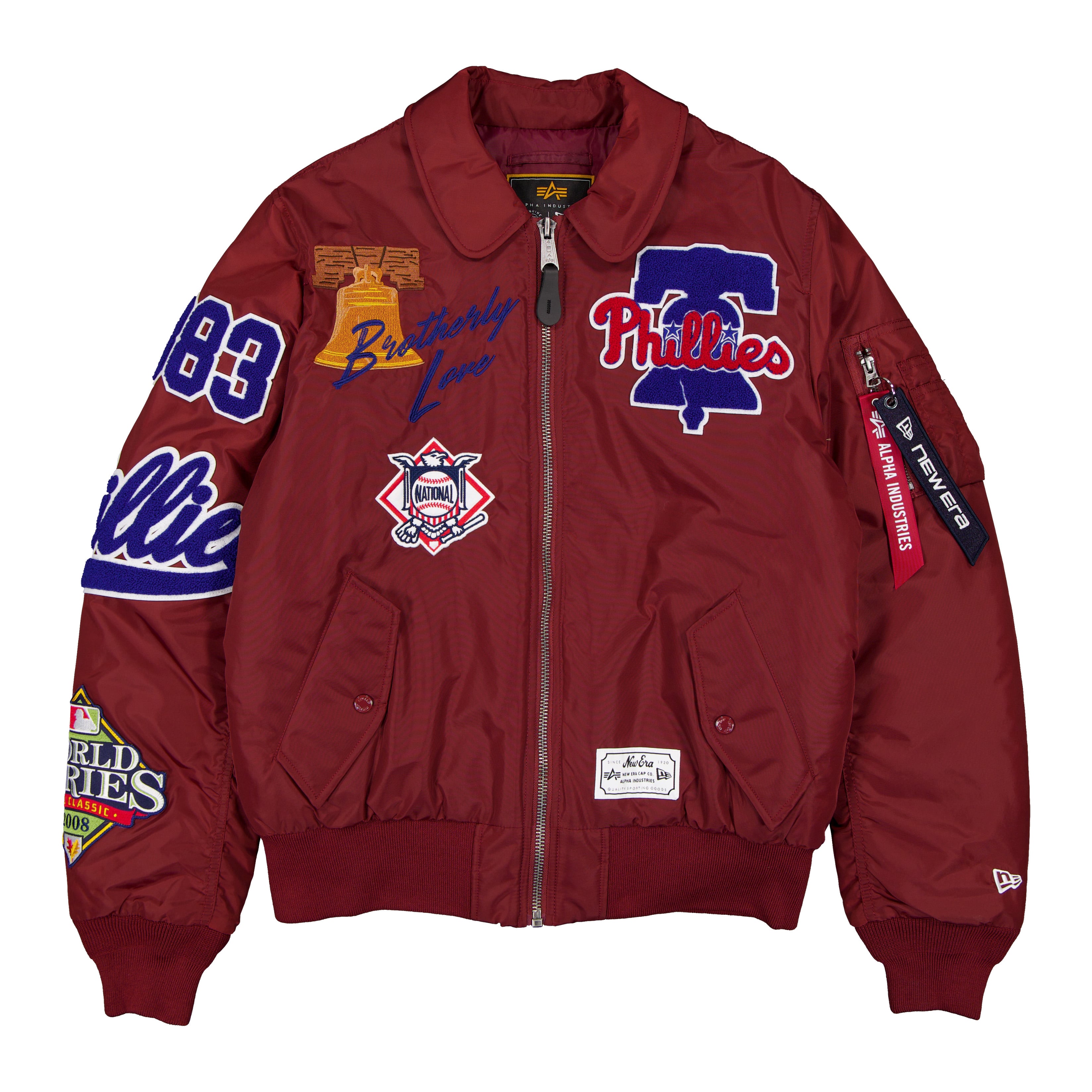 Veste bomber zippée intégrale New Era x Alpha Industries bordeaux Philadelphia Phillies MA-1 pour homme