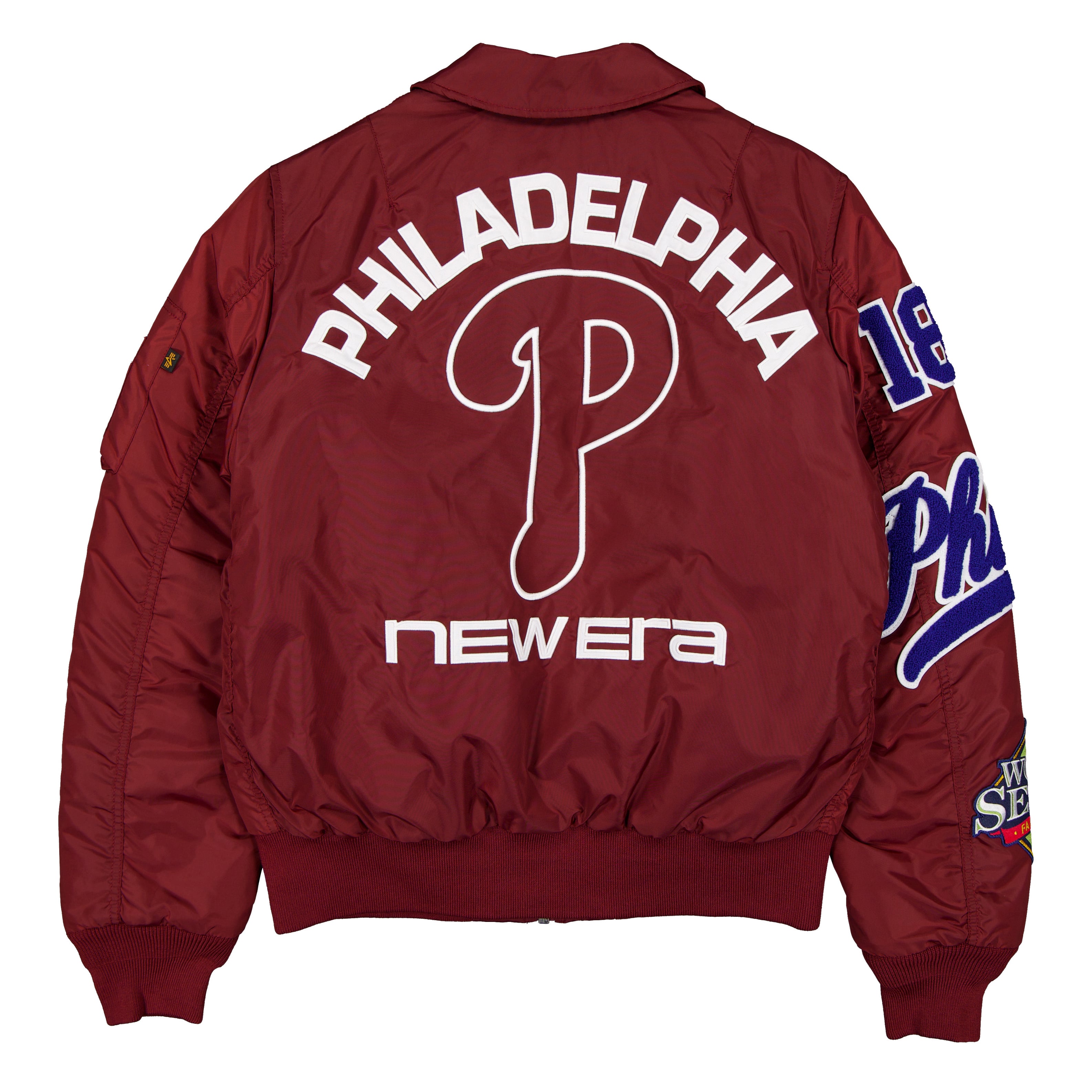 Veste bomber zippée intégrale New Era x Alpha Industries bordeaux Philadelphia Phillies MA-1 pour homme