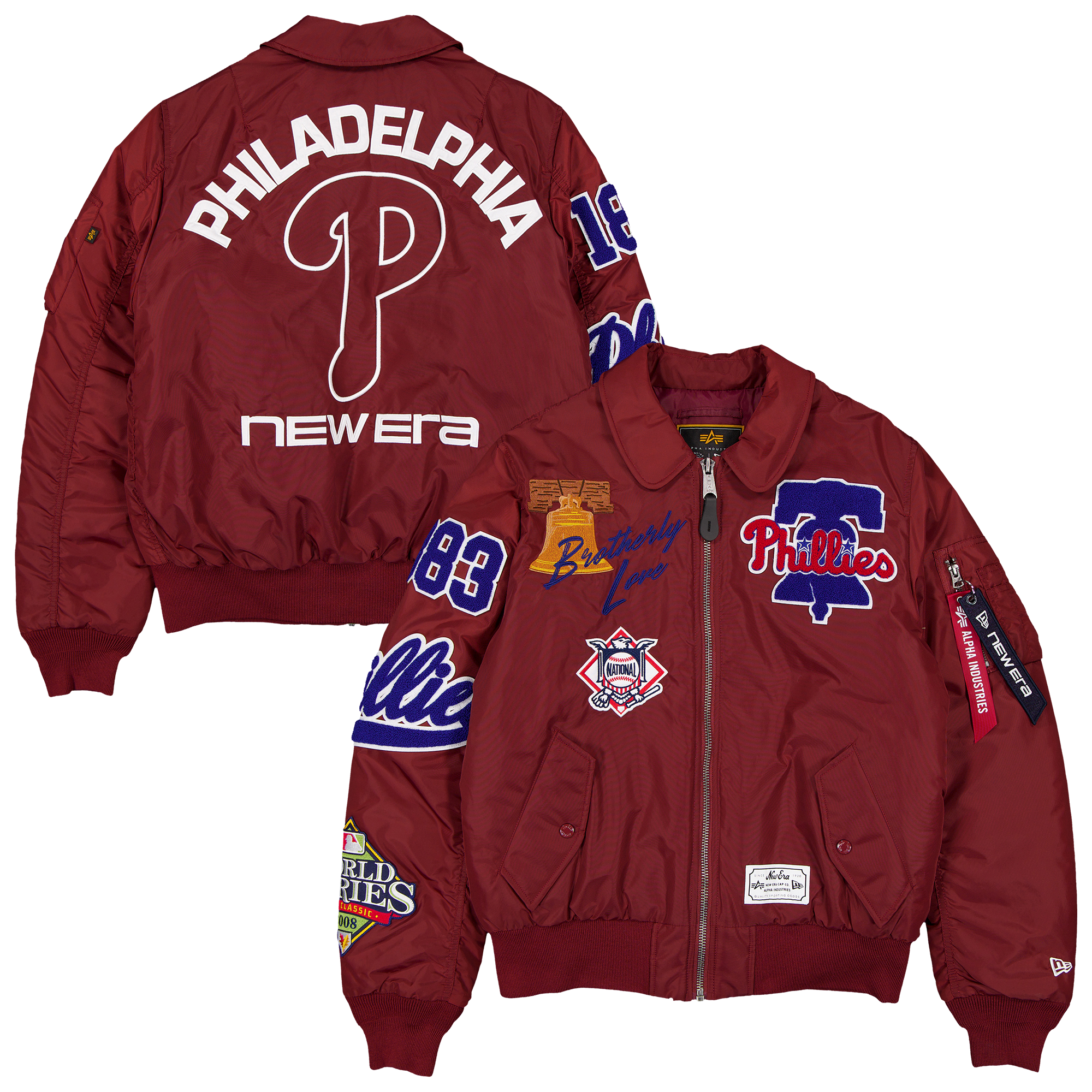 Veste bomber zippée intégrale New Era x Alpha Industries bordeaux Philadelphia Phillies MA-1 pour homme