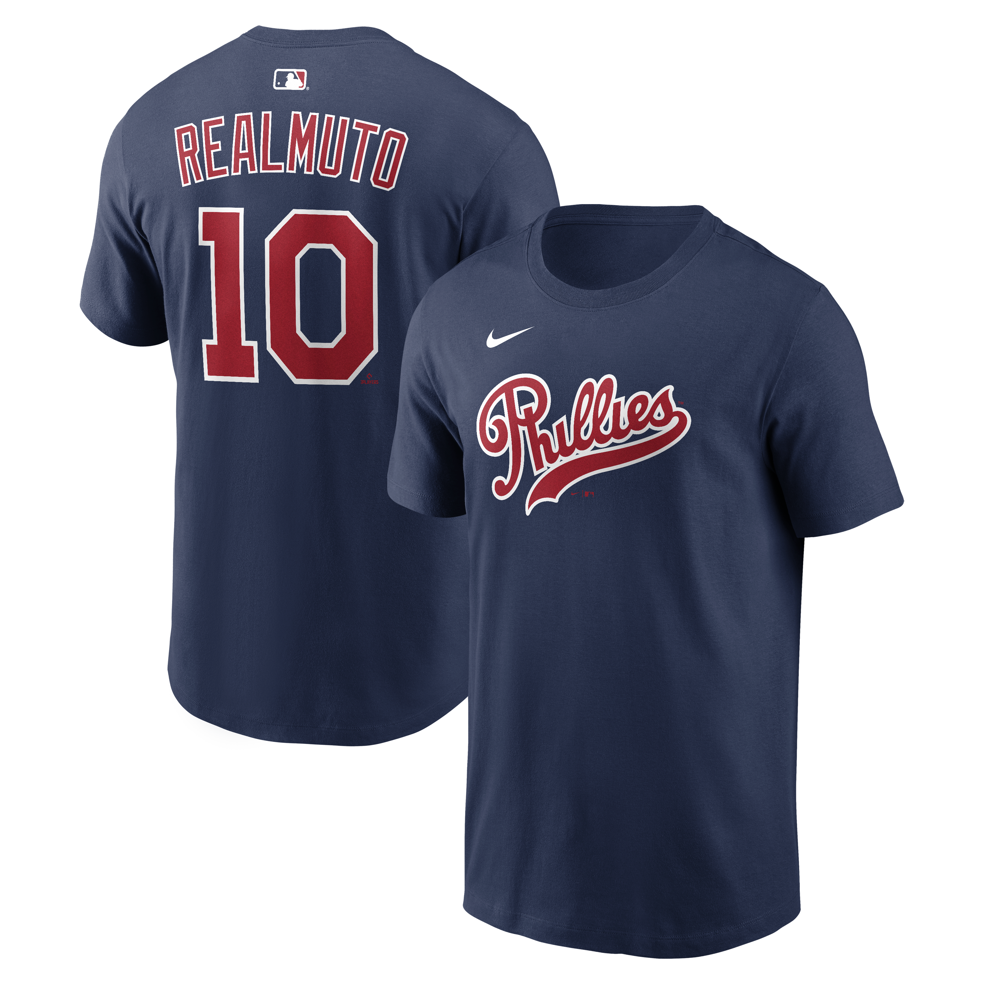 T-shirt Nike J.T. Realmuto bleu marine Philadelphia Phillies 2026 Field of Dreams pour homme, avec nom et numéro