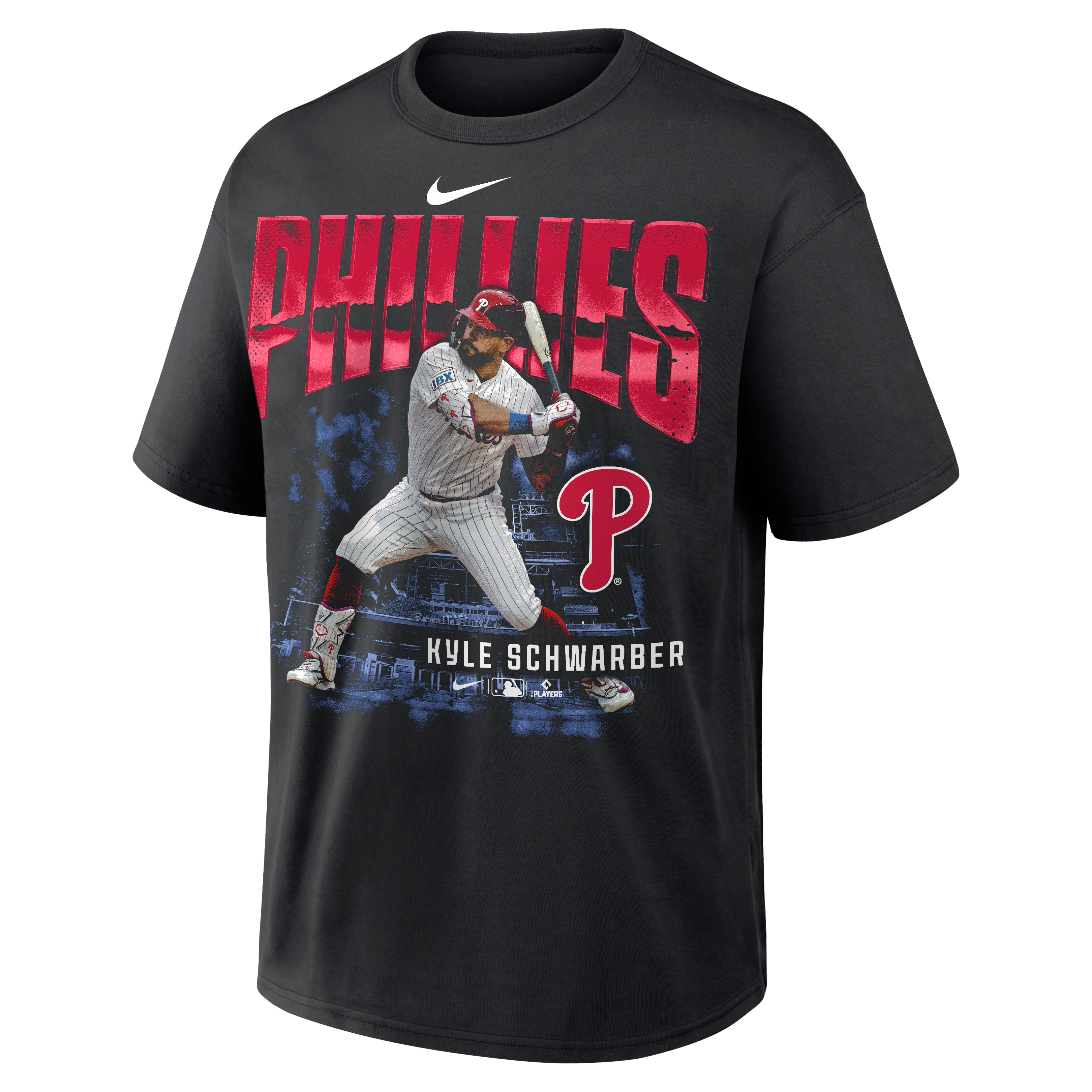 Men's Nike Kyle Schwarber Black Philadelphia Phillies Enlarged Player Graphic Max90 Heavyweight T-Shirt