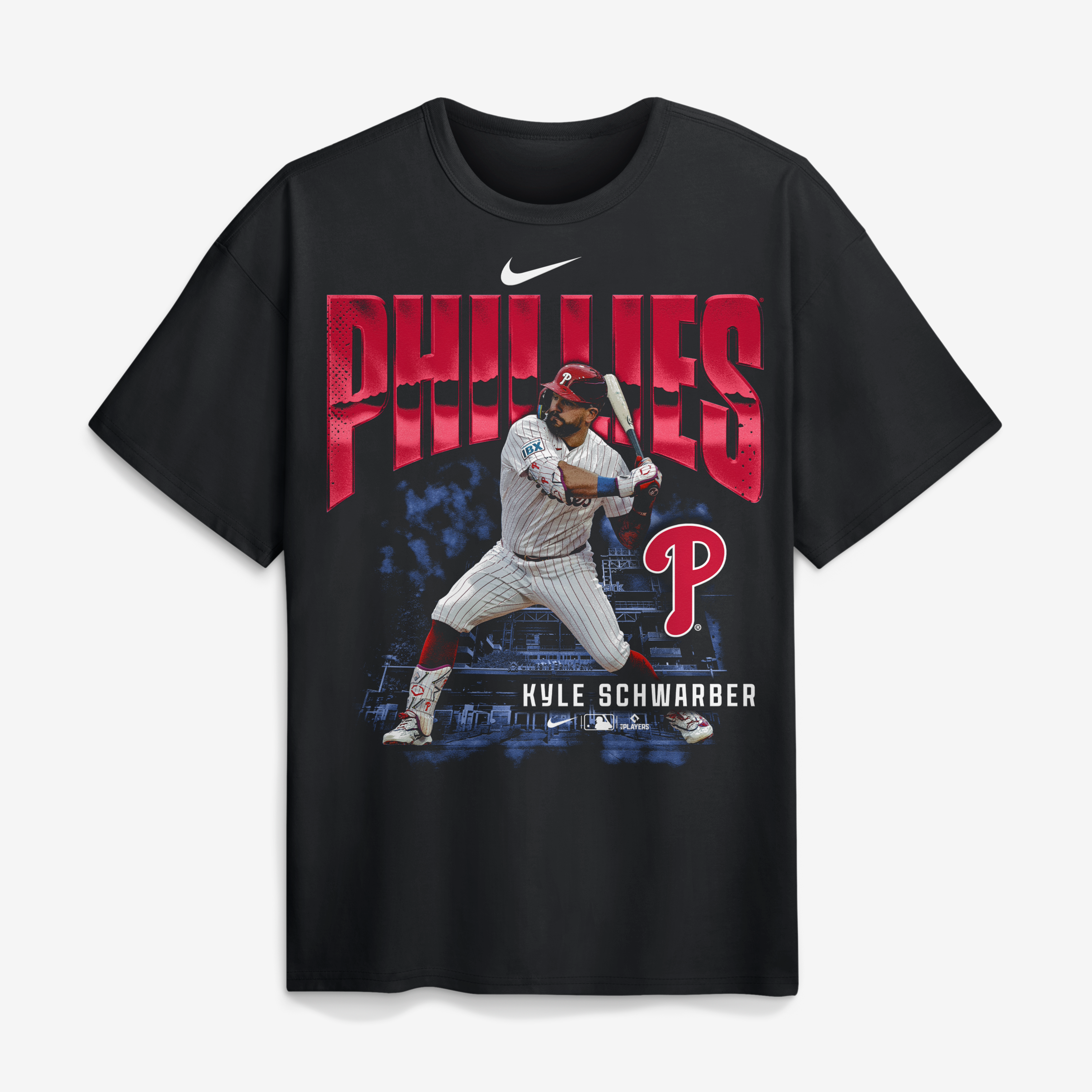 Men's Nike Kyle Schwarber Black Philadelphia Phillies Enlarged Player Graphic Max90 Heavyweight T-Shirt