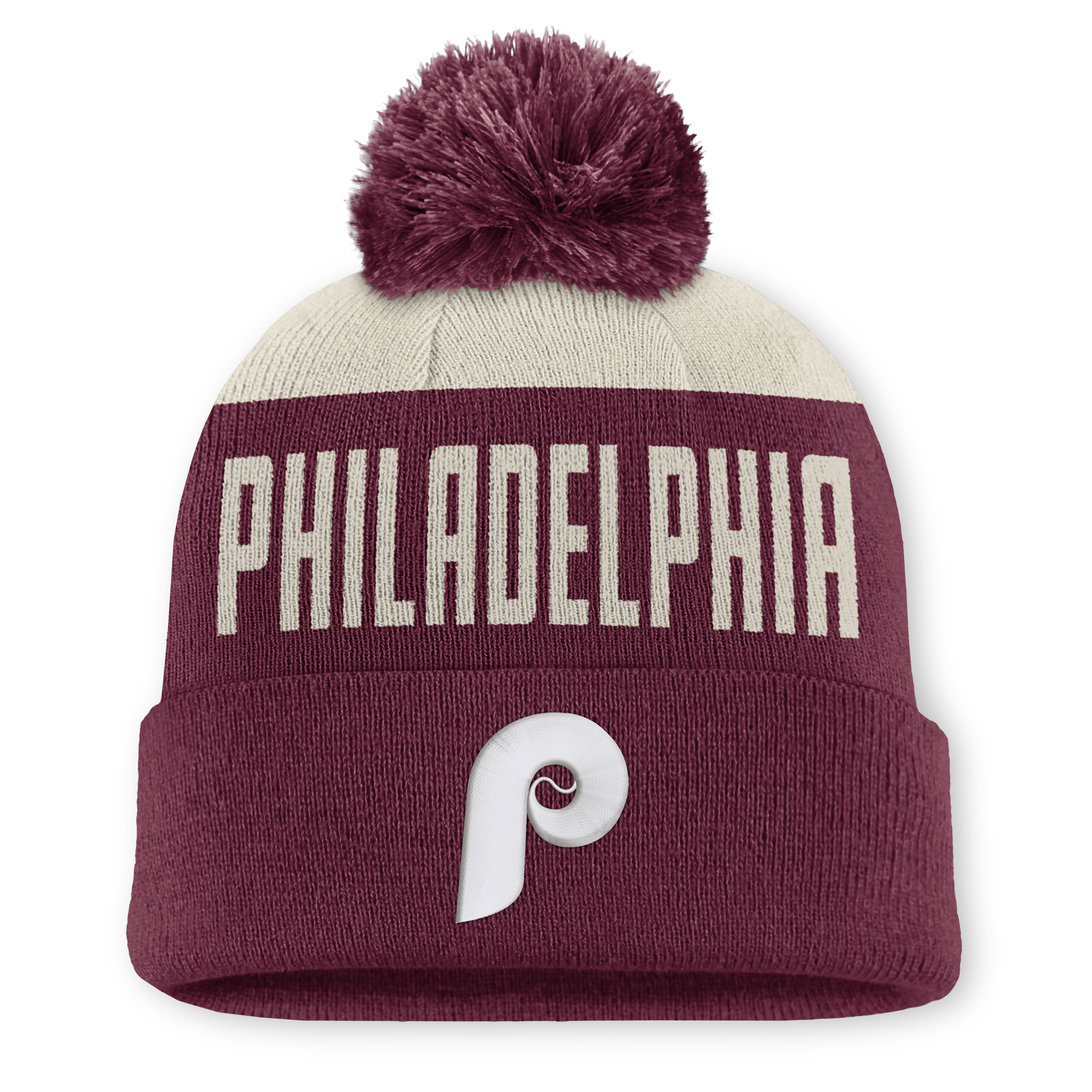 Bonnet Nike Peak Standard à revers et pompon, blanc/bordeaux, collection Philadelphia Phillies Cooperstown, pour homme.