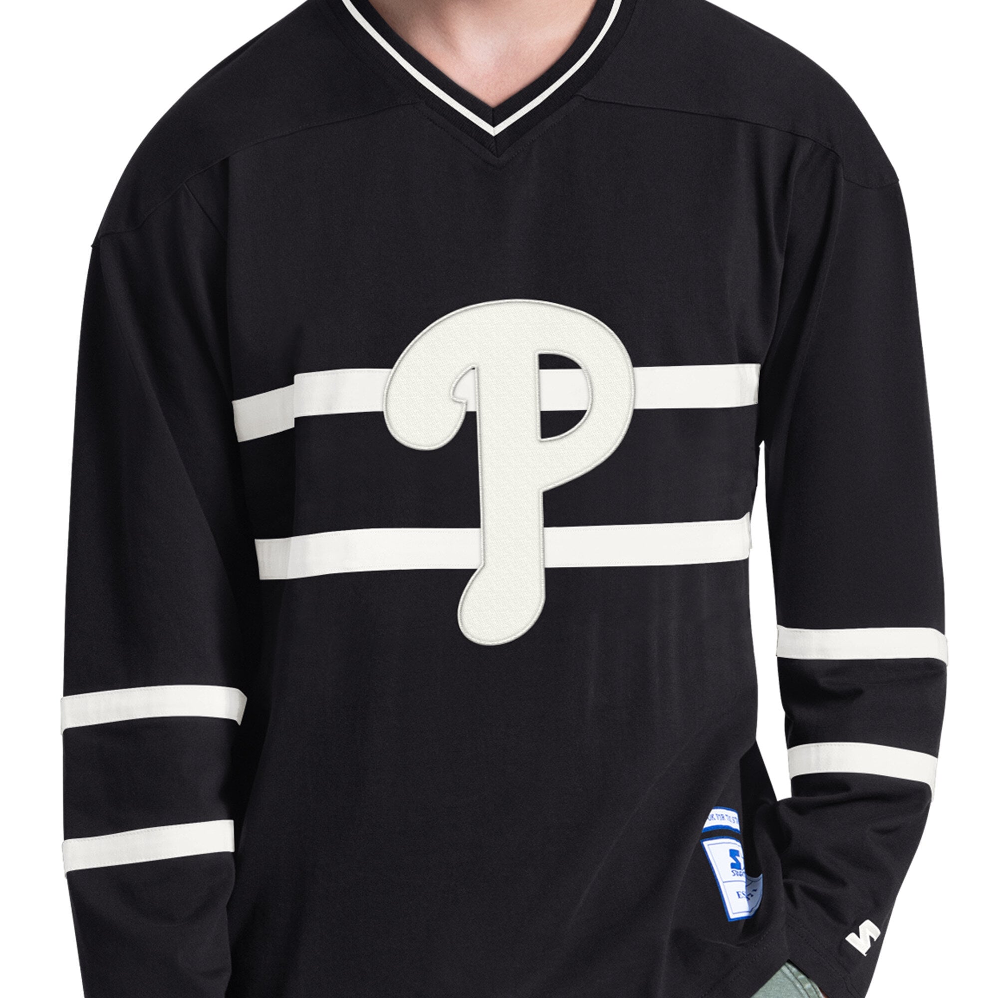 T-shirt à manches longues et col en V Starter Black Philadelphia Phillies pour homme