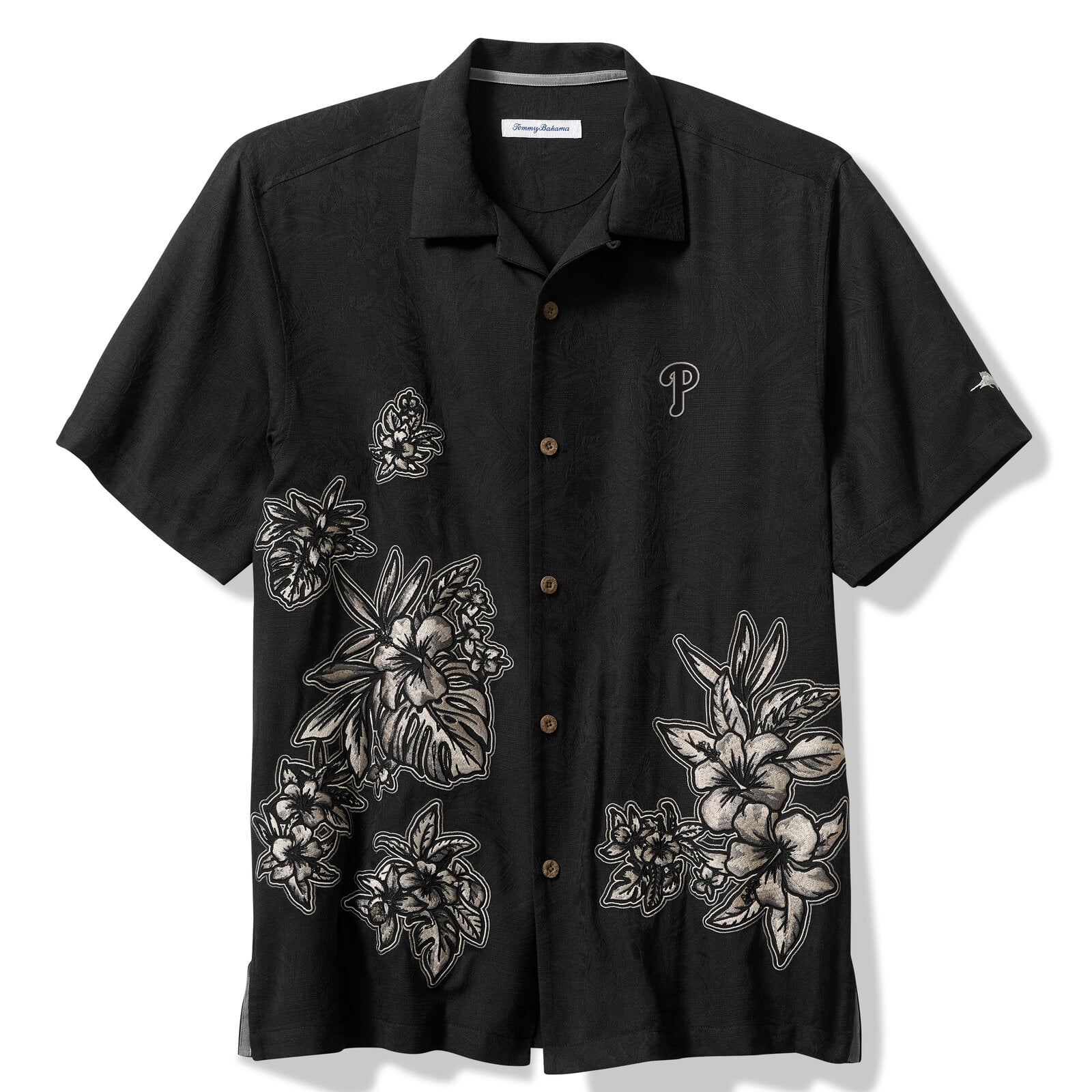 Men's Tommy Bahama Black Philadelphia Phillies Hibiscus Vibrations Camp Button-Up Silk Shirt