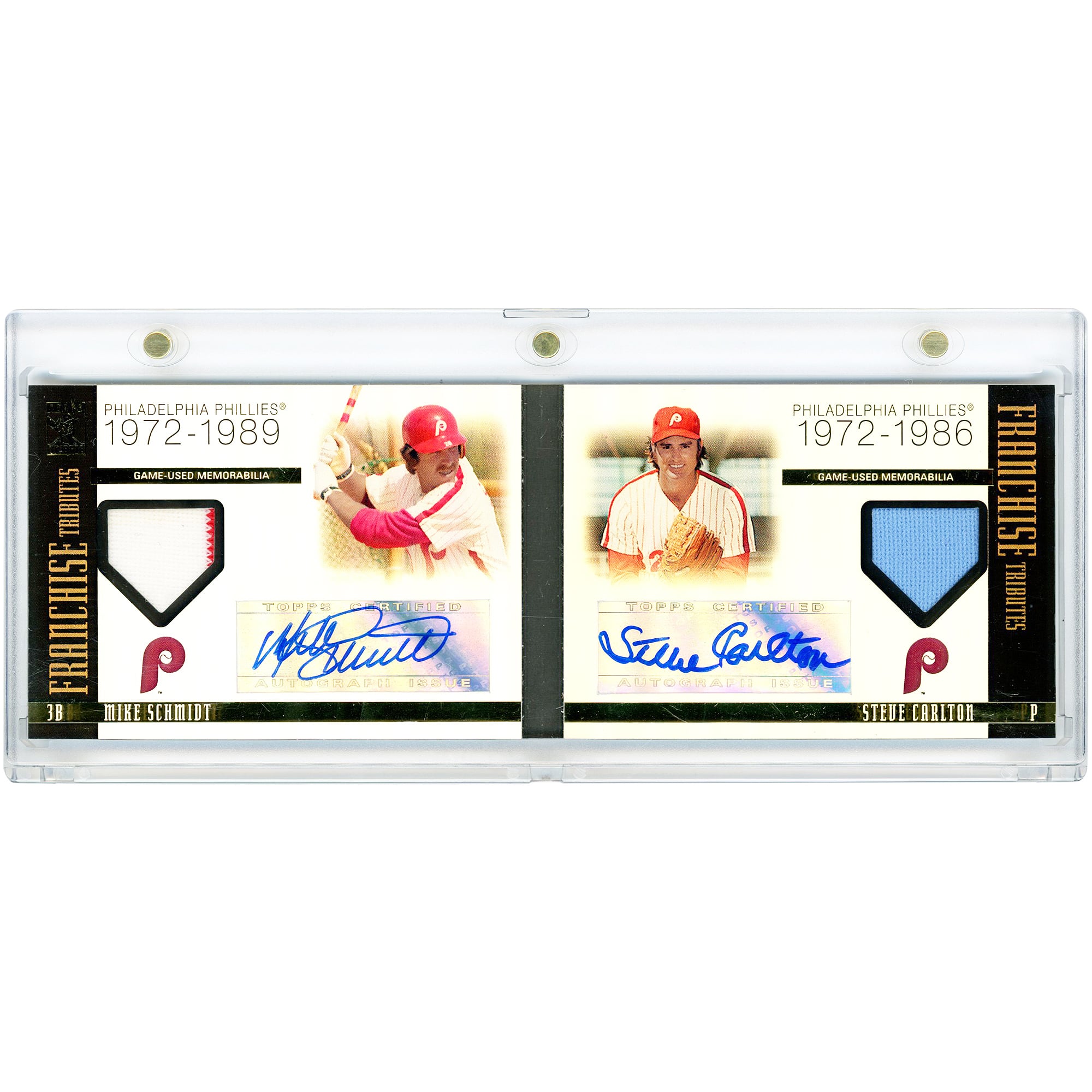 Carte Topps Tribute Franchise Tributes Dual Game Used Tri-Color Relics 2009 autographiée par Mike Schmidt et Steve Carlton #DARBC-SC #5/25