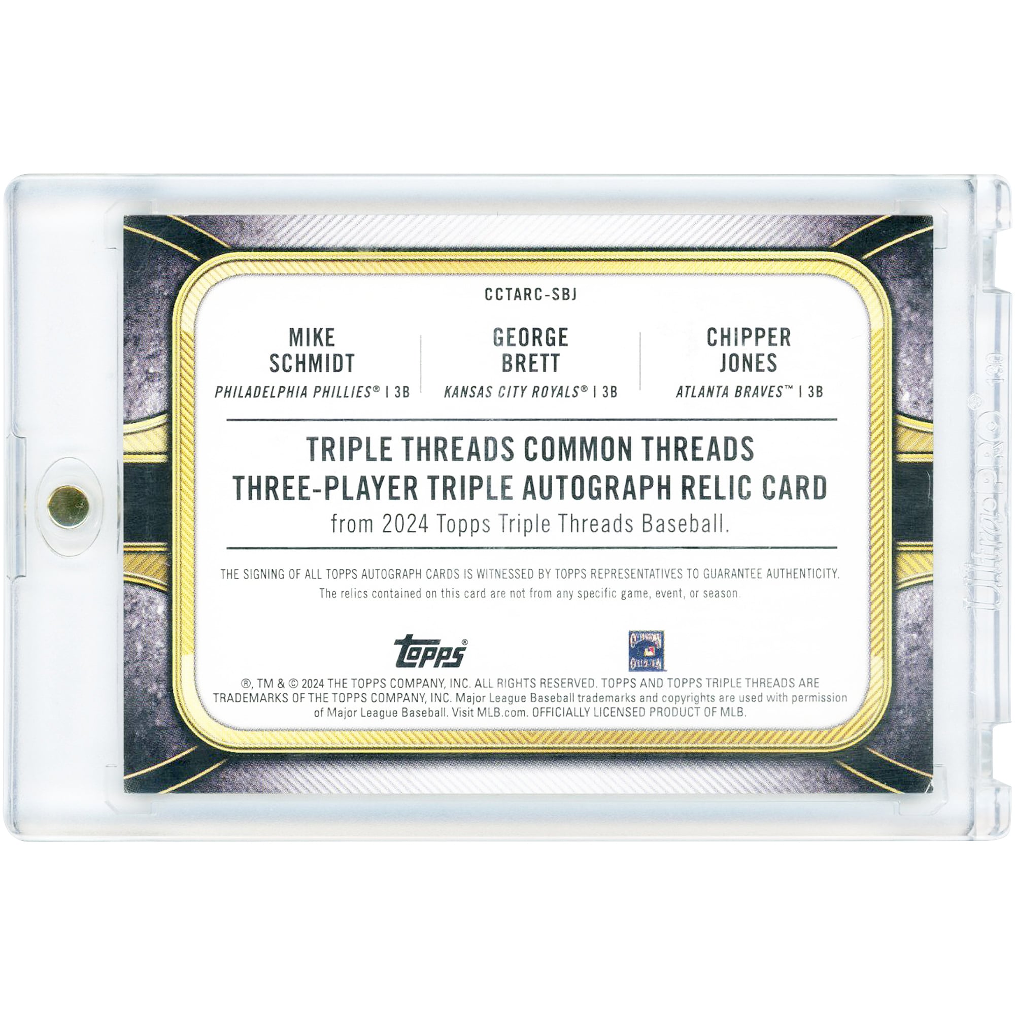 Carte Topps Triple Threads Triple Game Used Relics 2024 autographiée par Mike Schmidt, George Brett et Chipper Jones #CCTARC-SBJ #4/9