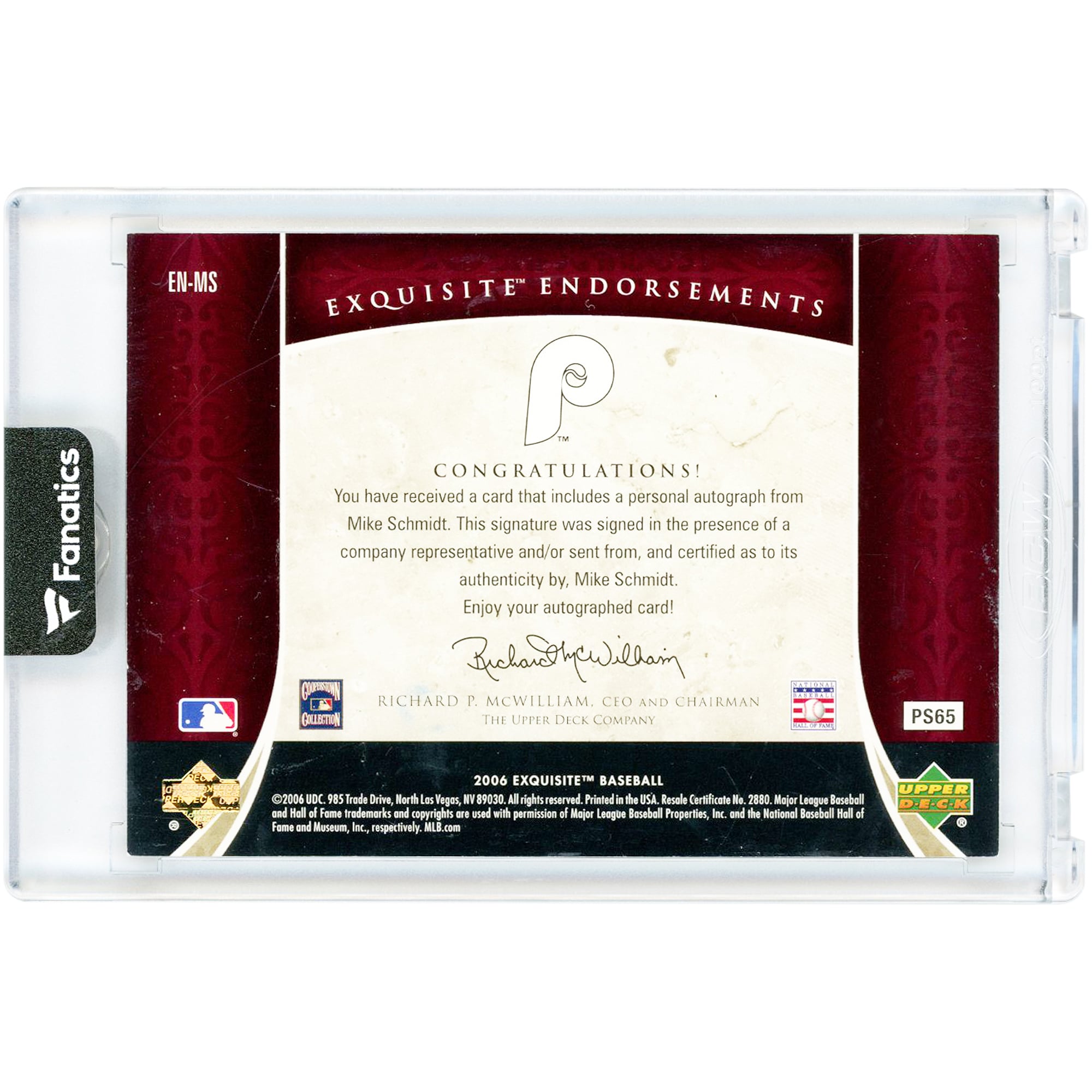 Carte autographiée de Mike Schmidt (Philadelphia Phillies), collection 2006 Upper Deck Exquisite, mention spéciale #EN-MS #14/40