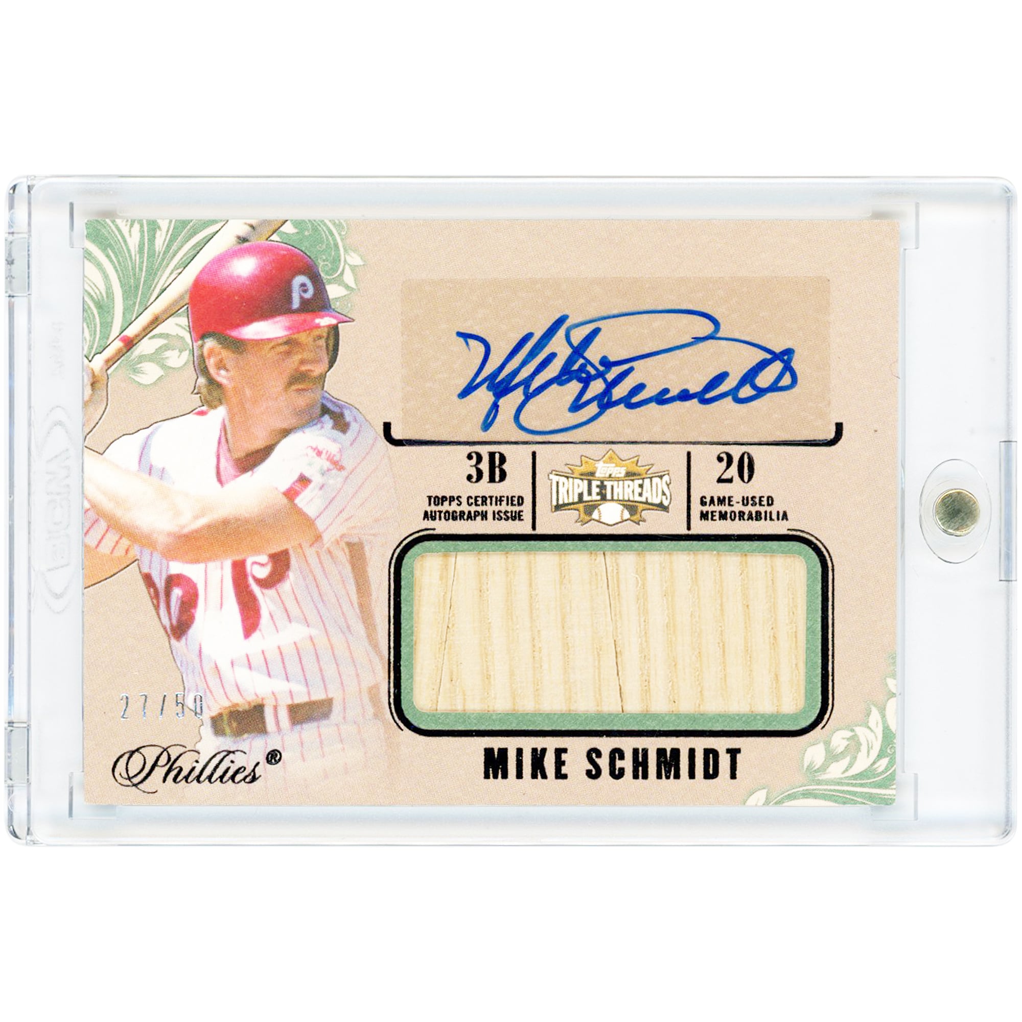 Carte autographiée par Mike Schmidt des Phillies de Philadelphie, collection 2014 Topps Triple Threads Unity Jumbo Game Used Bat Relic Emerald #UAJR-MSC #27/50