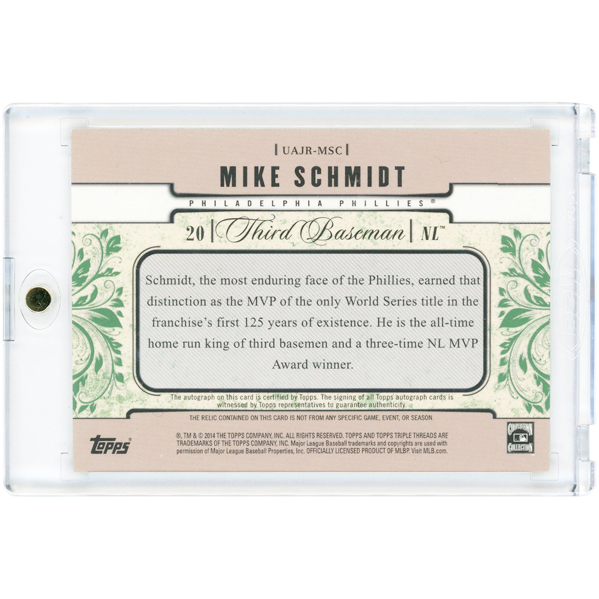 Carte autographiée par Mike Schmidt des Phillies de Philadelphie, collection 2014 Topps Triple Threads Unity Jumbo Game Used Bat Relic Emerald #UAJR-MSC #27/50