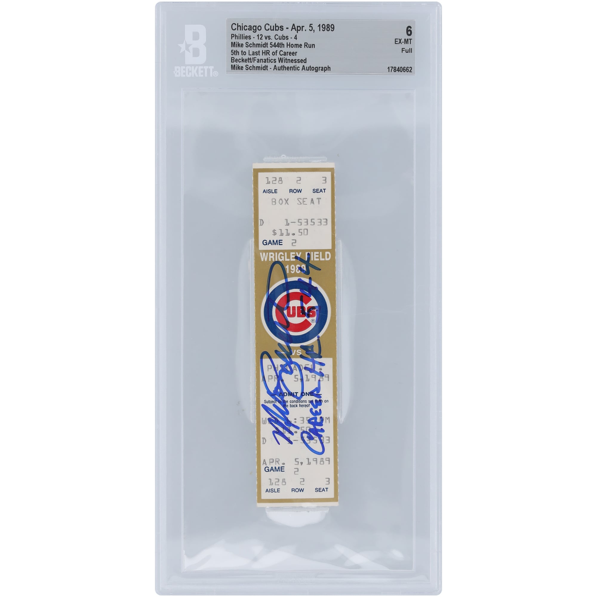 Mike Schmidt Philadelphia Phillies Autographed 5th to Last HR Career Beckett Fanatics Witnessed Authenticated 6 Ticket from April 5, 1989 with "Career HR 544" Inscription