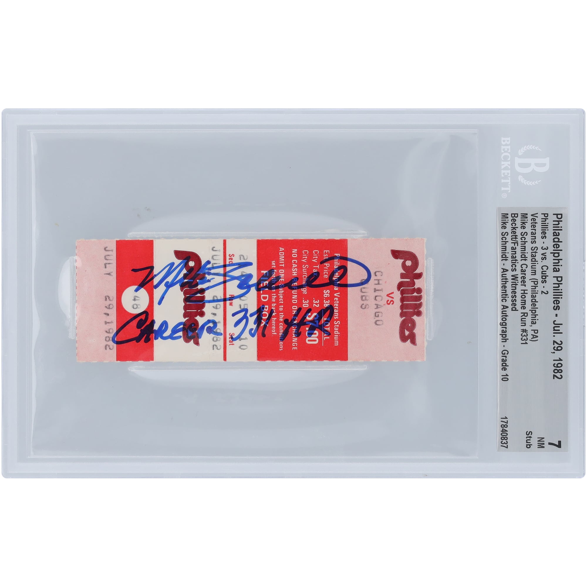 Mike Schmidt Philadelphia Phillies Autographed Career Home Run #331 Beckett Fanatics Witnessed Authenticated 7/10 Ticket from April 5, 1989 with "Career HR 331" Inscription