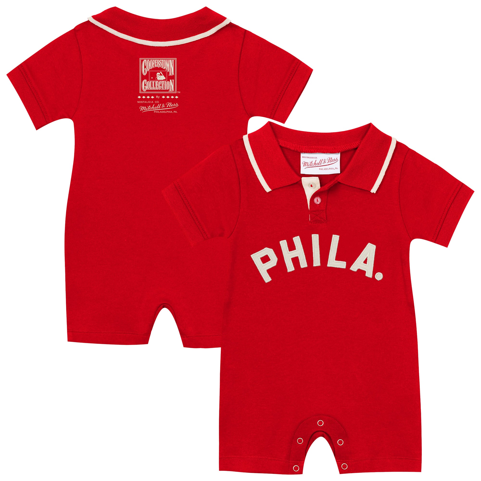 Grenouillère de rugby rétro Mitchell & Ness rouge Philadelphia Phillies, collection Cooperstown, pour nouveau-né et bébé