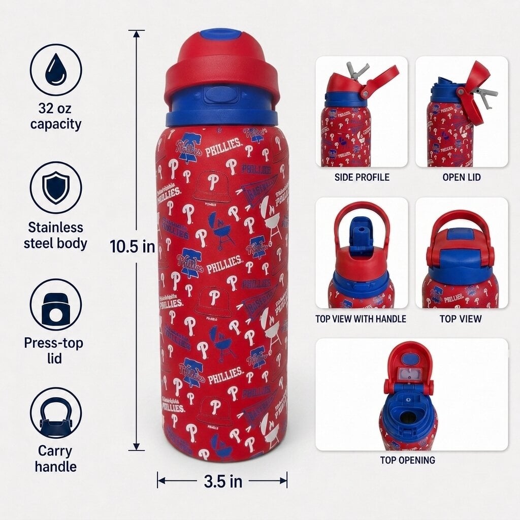 Gourde Pegasus Philadelphia Phillies 32 oz en acier inoxydable ProPress avec fanion pour les jours de match