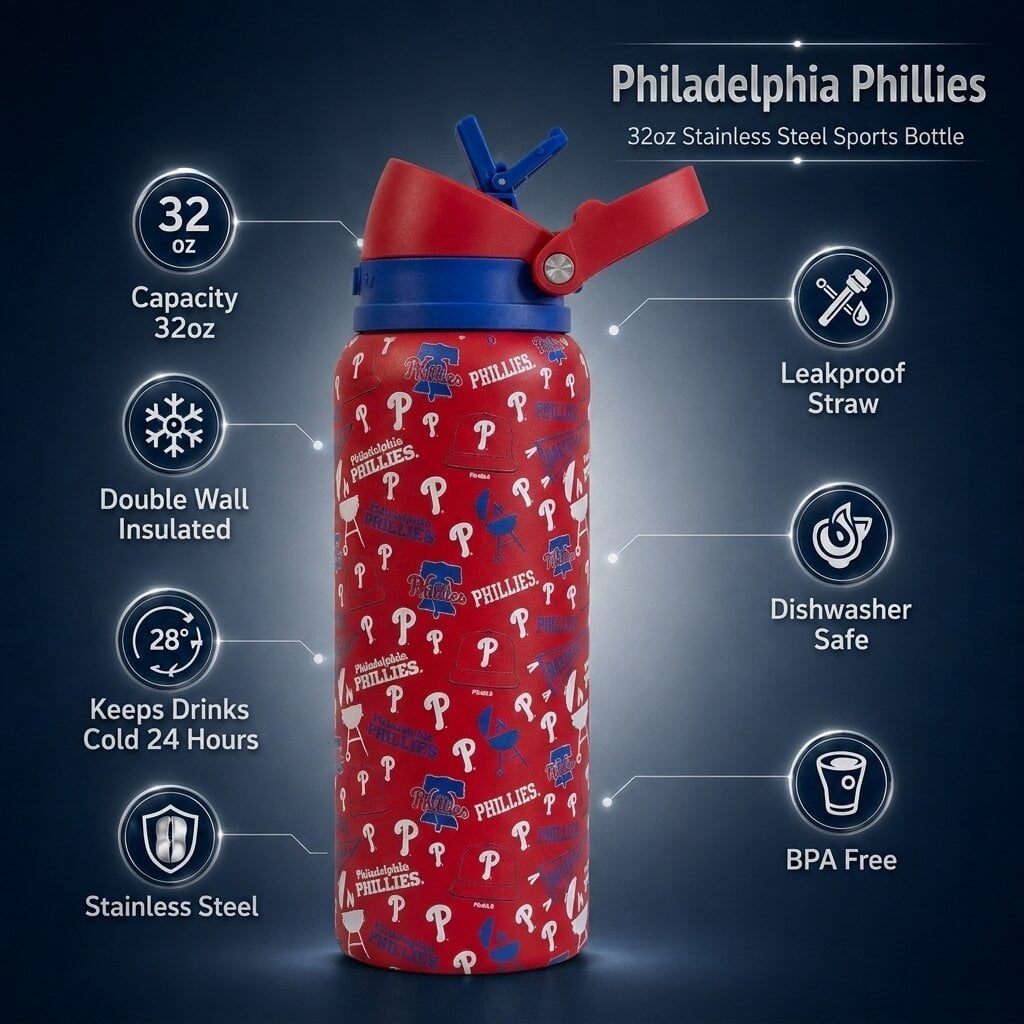 Gourde Pegasus Philadelphia Phillies 32 oz en acier inoxydable ProPress avec fanion pour les jours de match