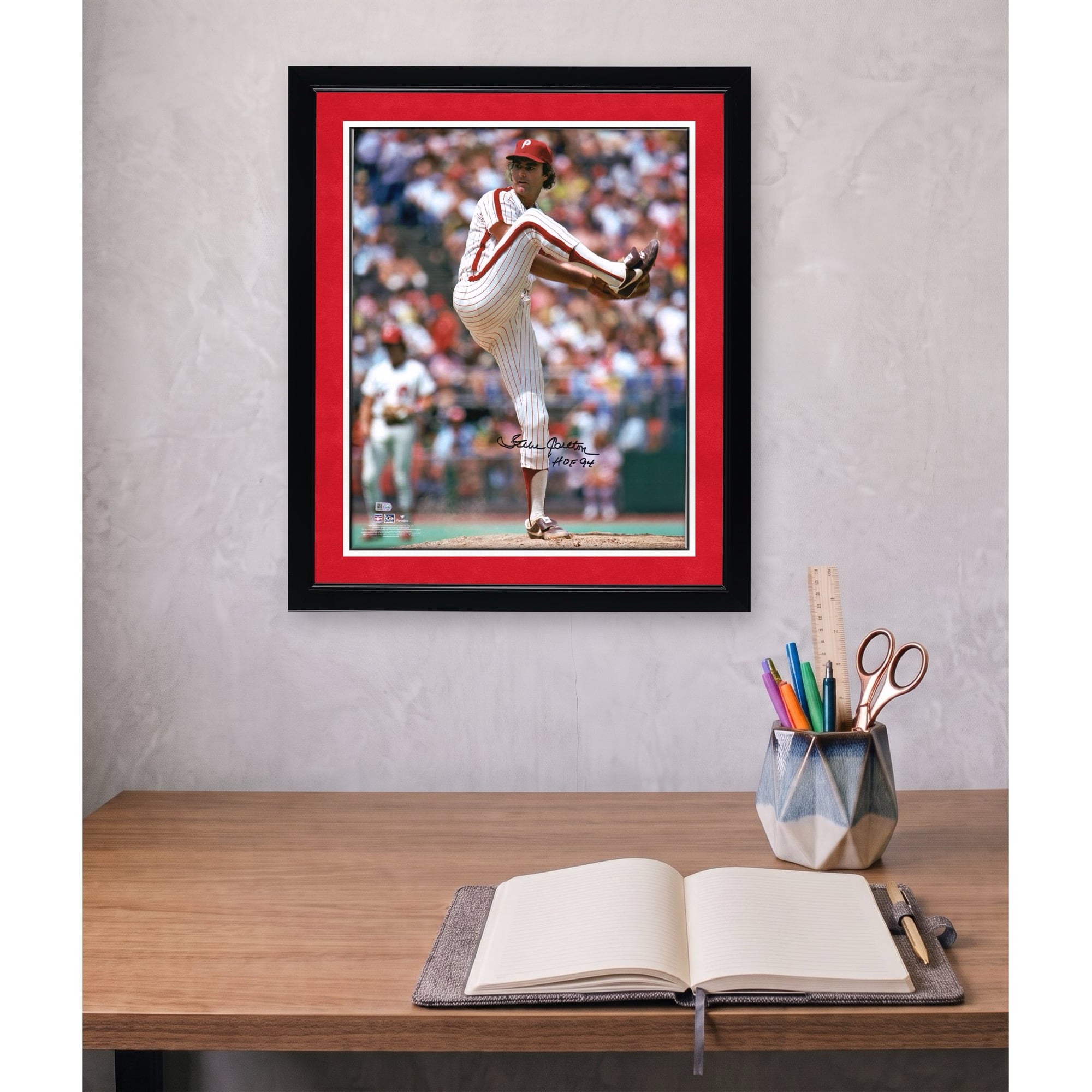 Steve Carlton Philadelphia Phillies Autographed 16" x 20" Pitching Photograph with "HOF 94" Inscription