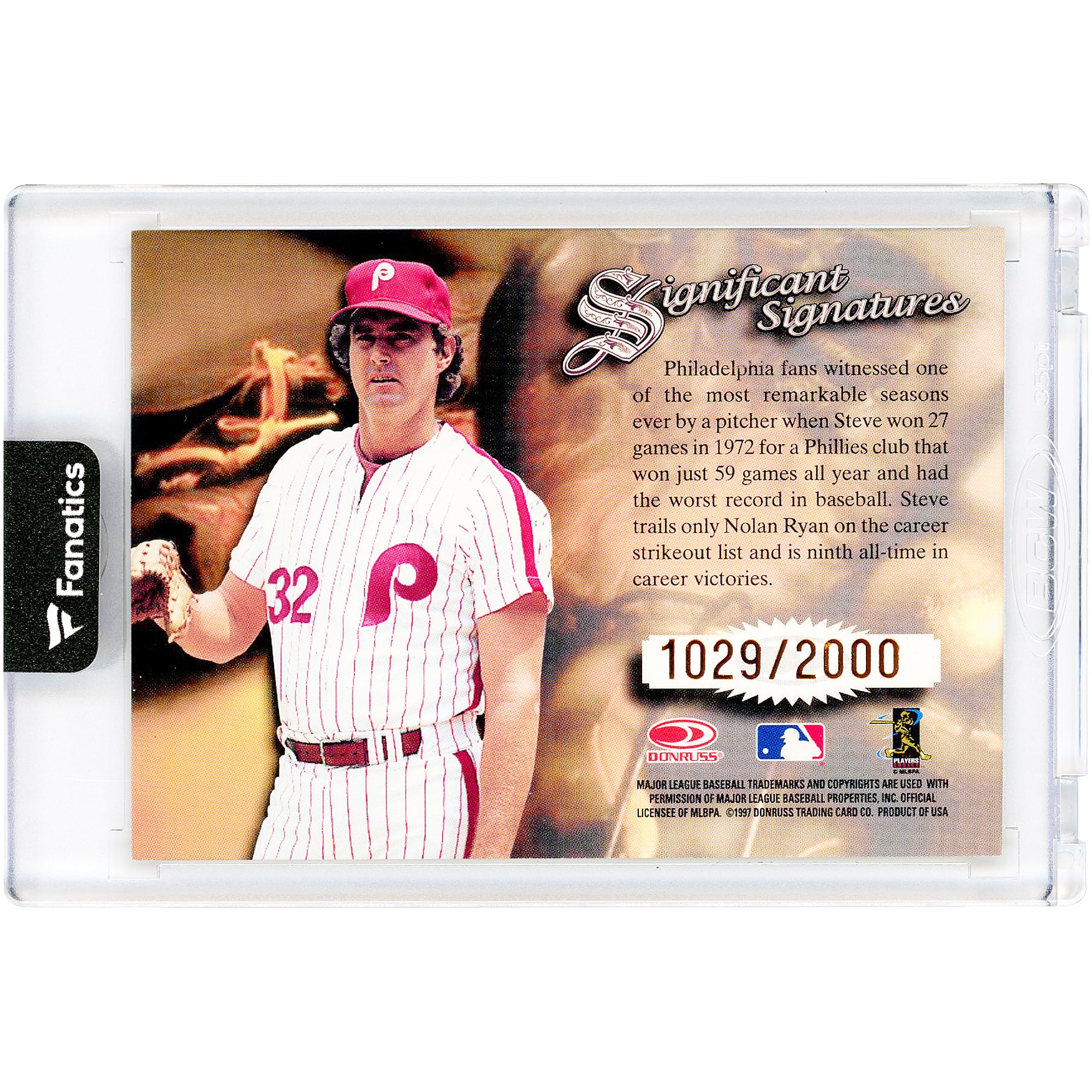 Carte autographiée par Steve Carlton (Phillies de Philadelphie) de la série Donruss Signature de 1997, signatures importantes, n° NNO, n° 1029/2000