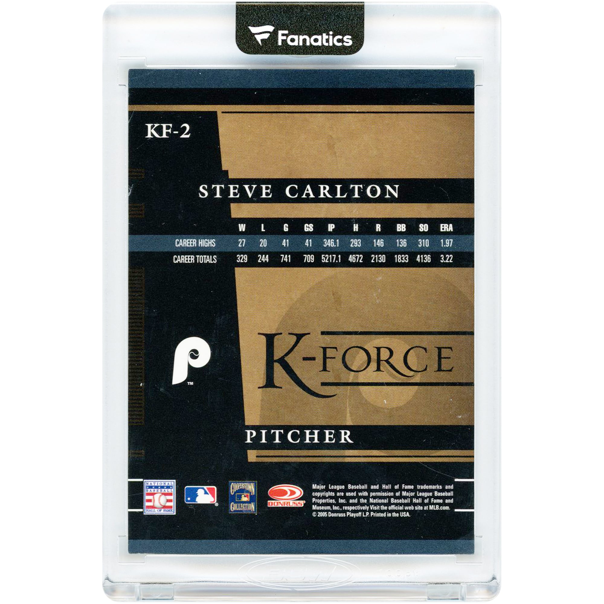 Steve Carlton Philadelphia Phillies Autographed 2005 Donruss Signature Series K-Force Game Used Jersey Relic #KF-2 Card