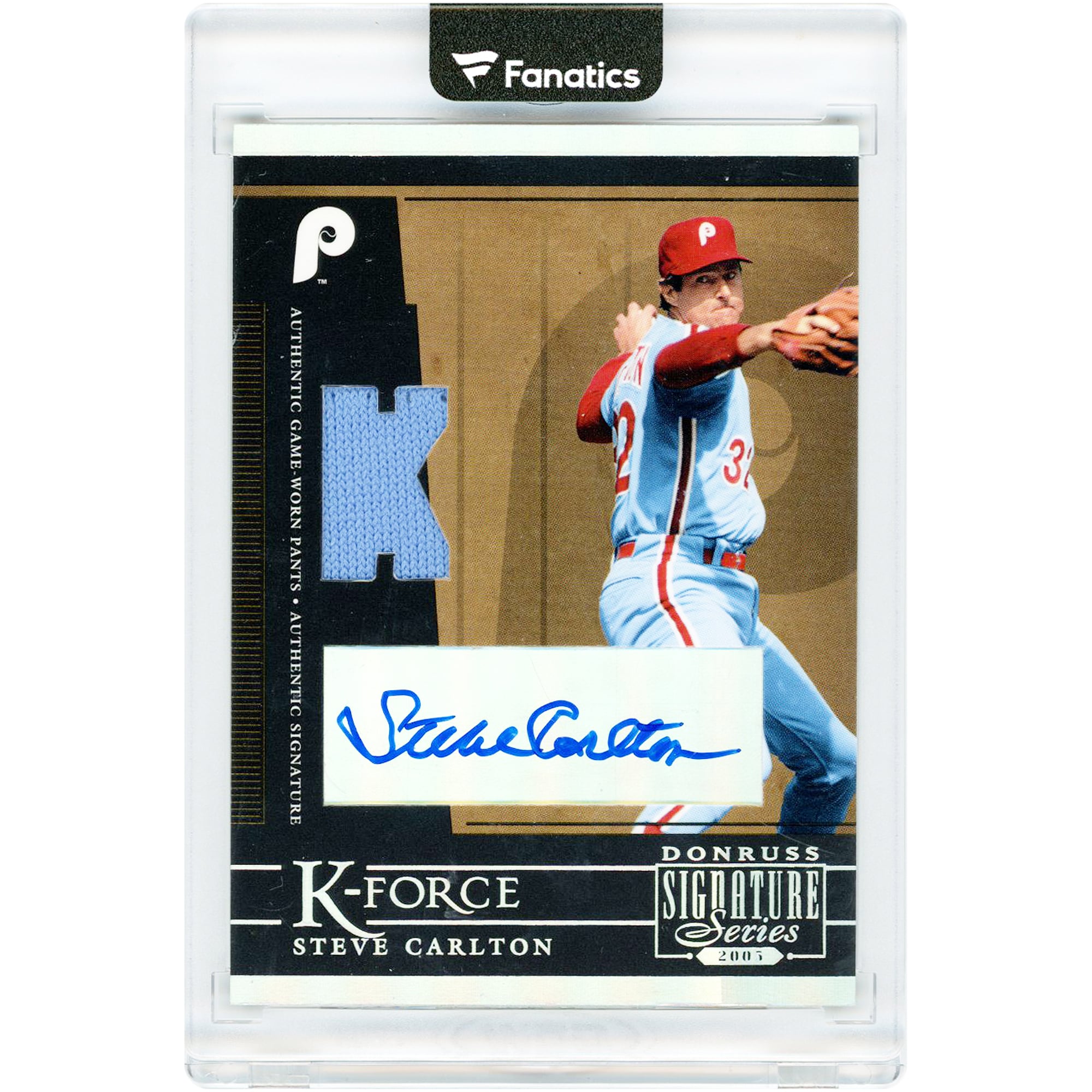 Steve Carlton Philadelphia Phillies Autographed 2005 Donruss Signature Series K-Force Game Used Jersey Relic #KF-2 Card