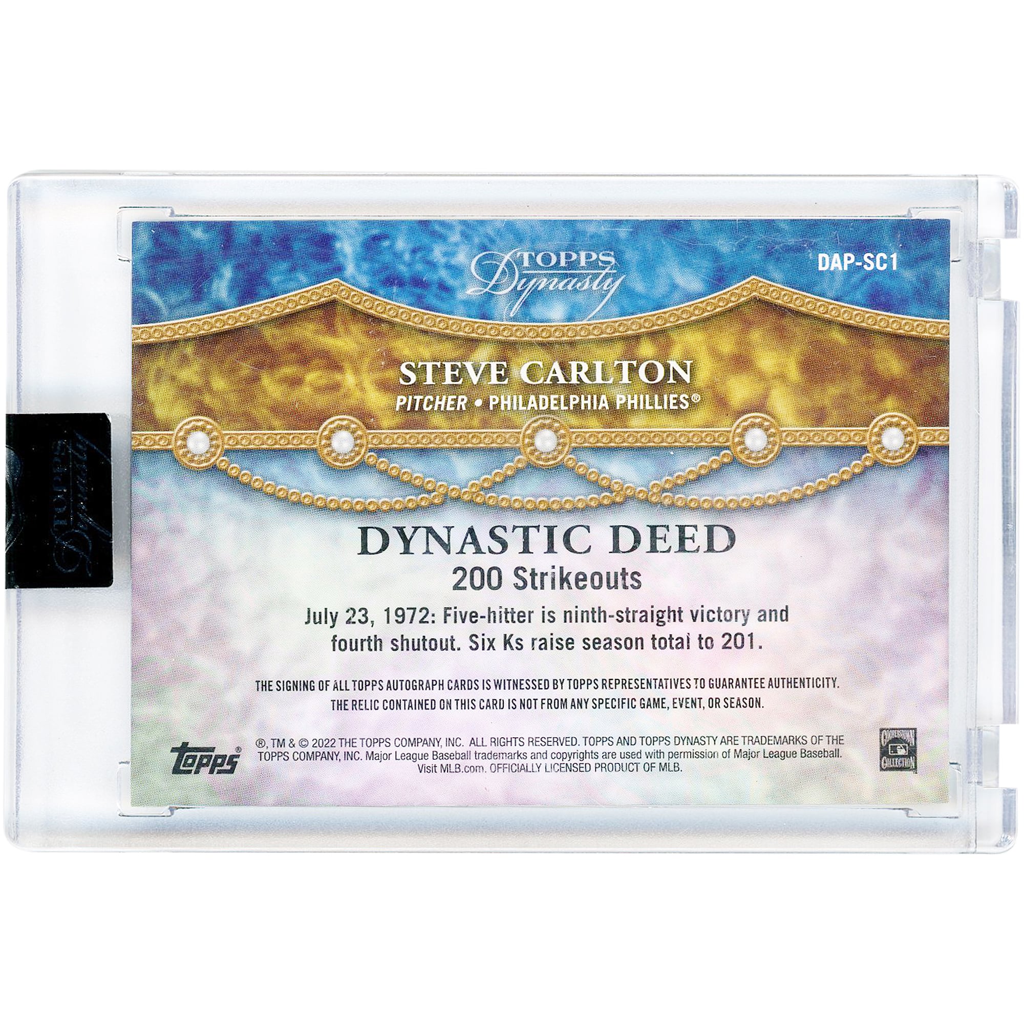 Carte autographiée par Steve Carlton des Phillies de Philadelphie, collection Topps Dynasty Dual-Color Game Used Relic 2022, n° DAP-SC1, numéro 1/1
