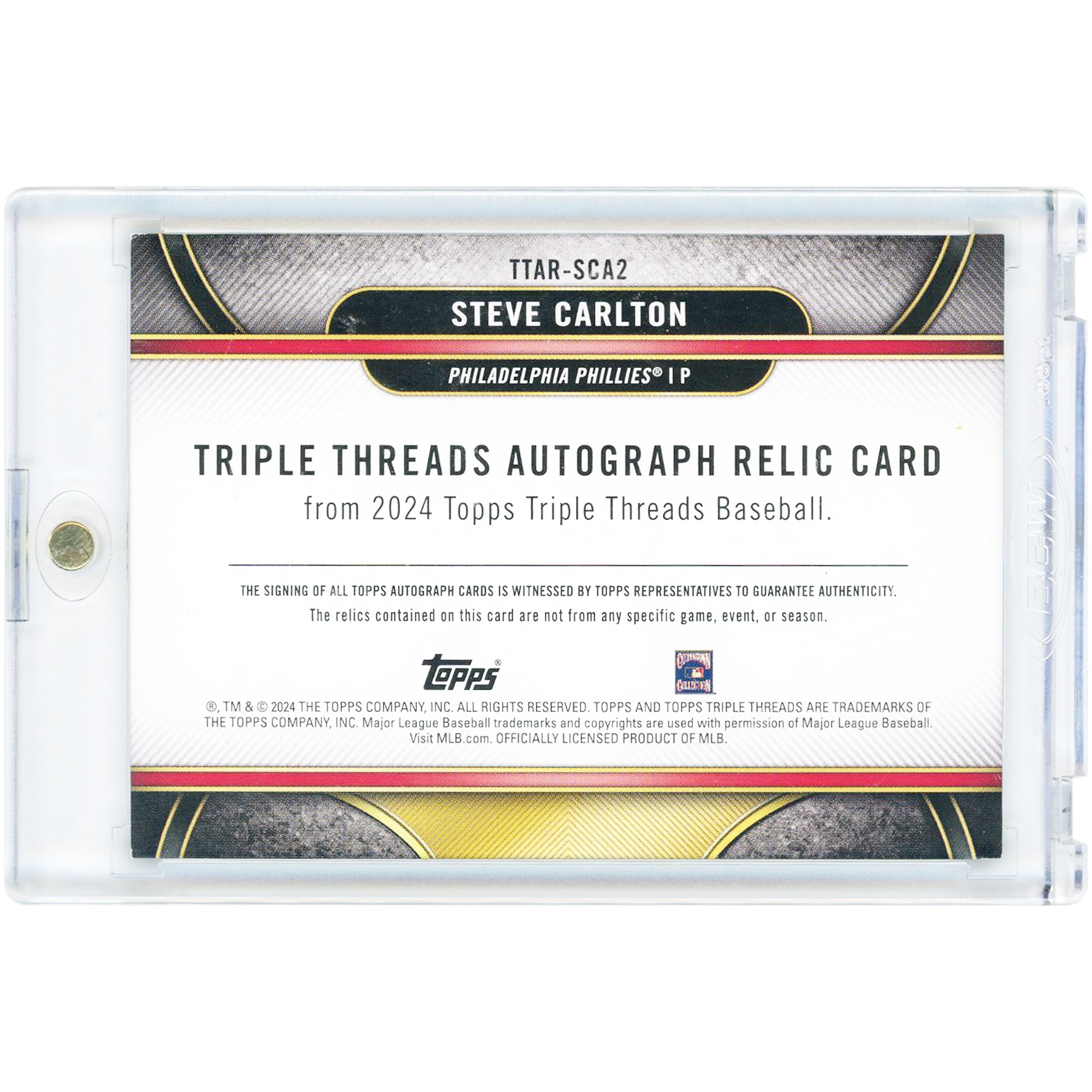 Carte relique de maillot porté en match, autographiée par Steve Carlton (Philadelphia Phillies), collection Topps Triple Threads 2024, n° TTAR-SCA2, n° 13/18