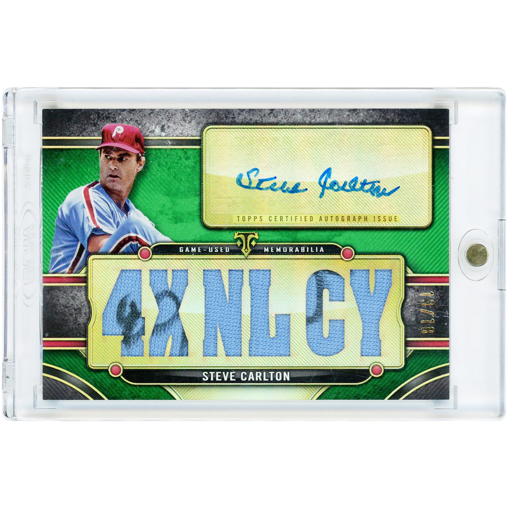Carte relique de maillot porté en match, autographiée par Steve Carlton (Philadelphia Phillies), collection Topps Triple Threads 2024, n° TTAR-SCA2, n° 13/18