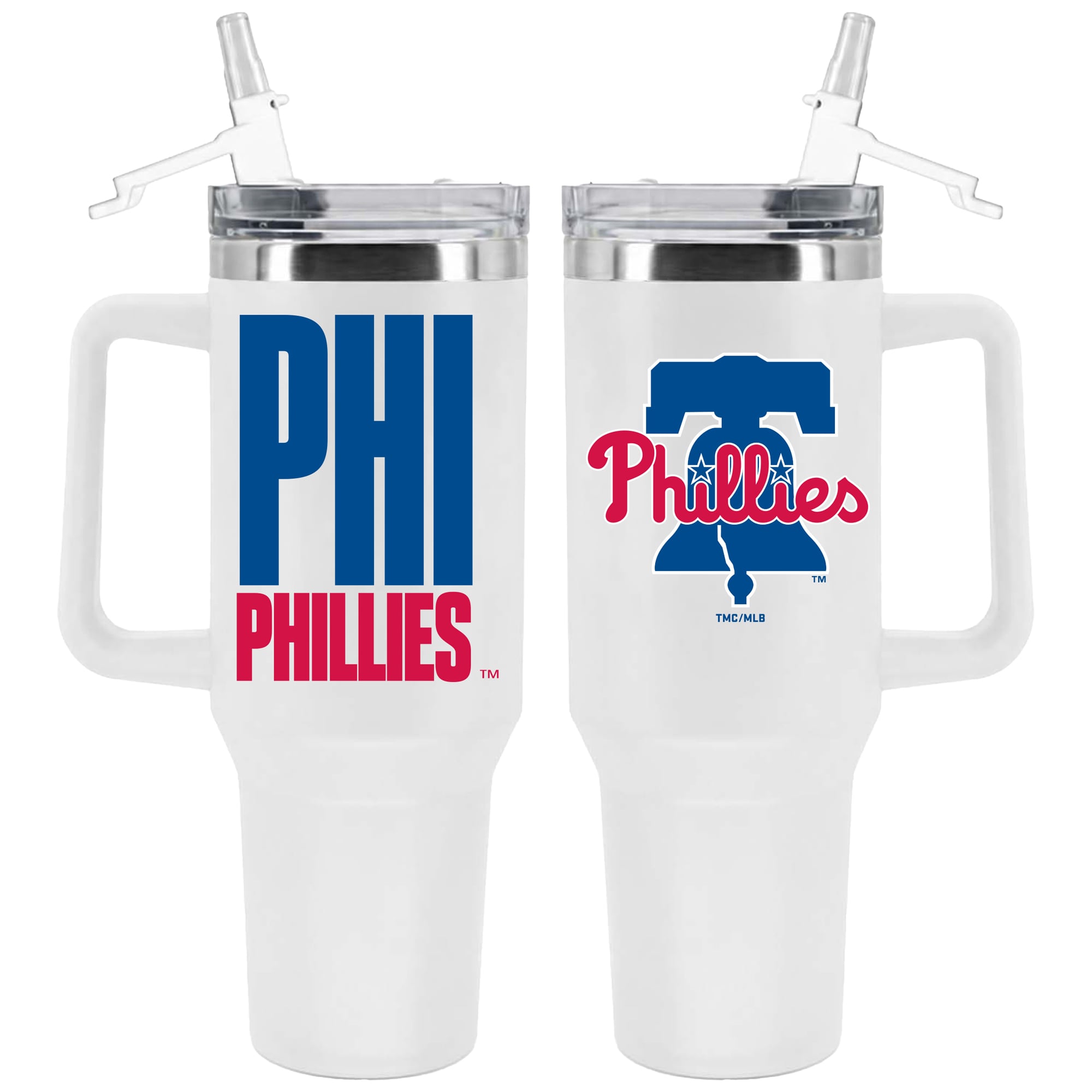 Gobelet isotherme en acier inoxydable de 1,2 L (40 oz) avec paille rabattable, aux couleurs des Phillies de Philadelphie, de The Memory Company