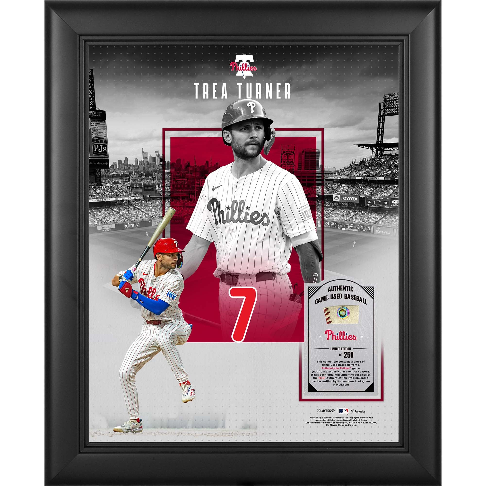 Collage encadré 11" x 14" représentant Trea Turner, joueur des Phillies de Philadelphie, avec un morceau de balle utilisée en match - Édition limitée à 250 exemplaires