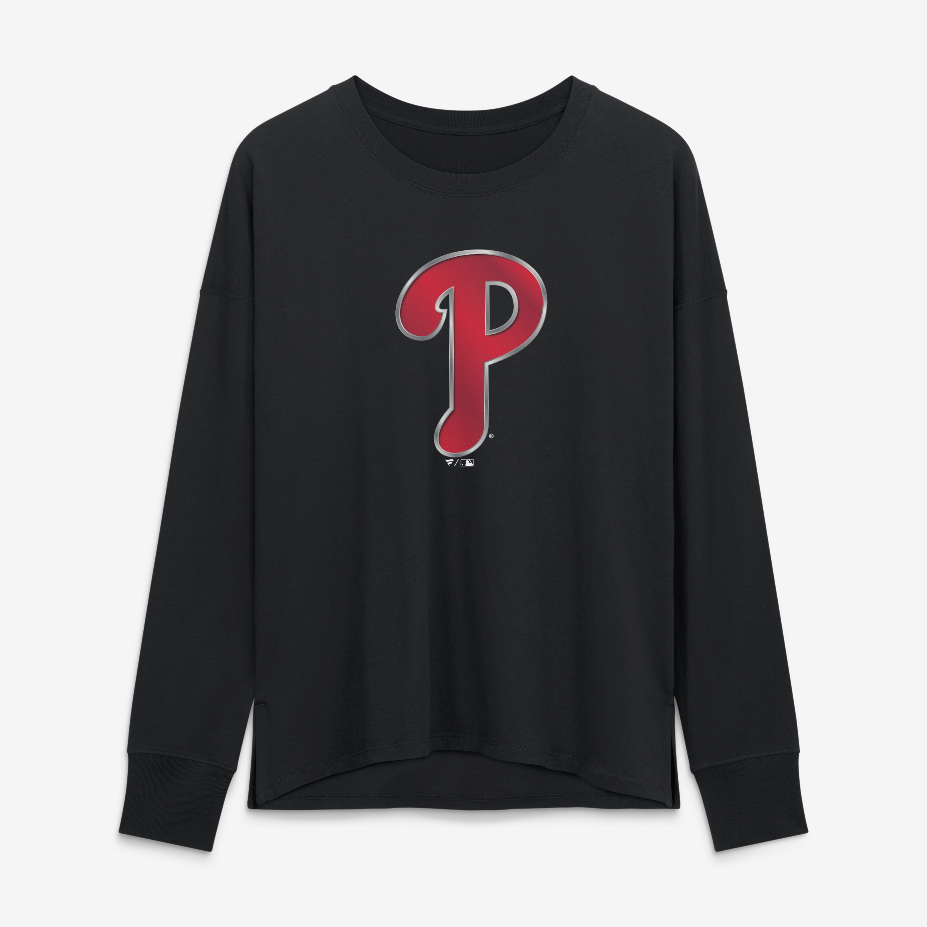 T-shirt à manches longues noir pour femmes avec mascotte métallique des Phillies de Philadelphie