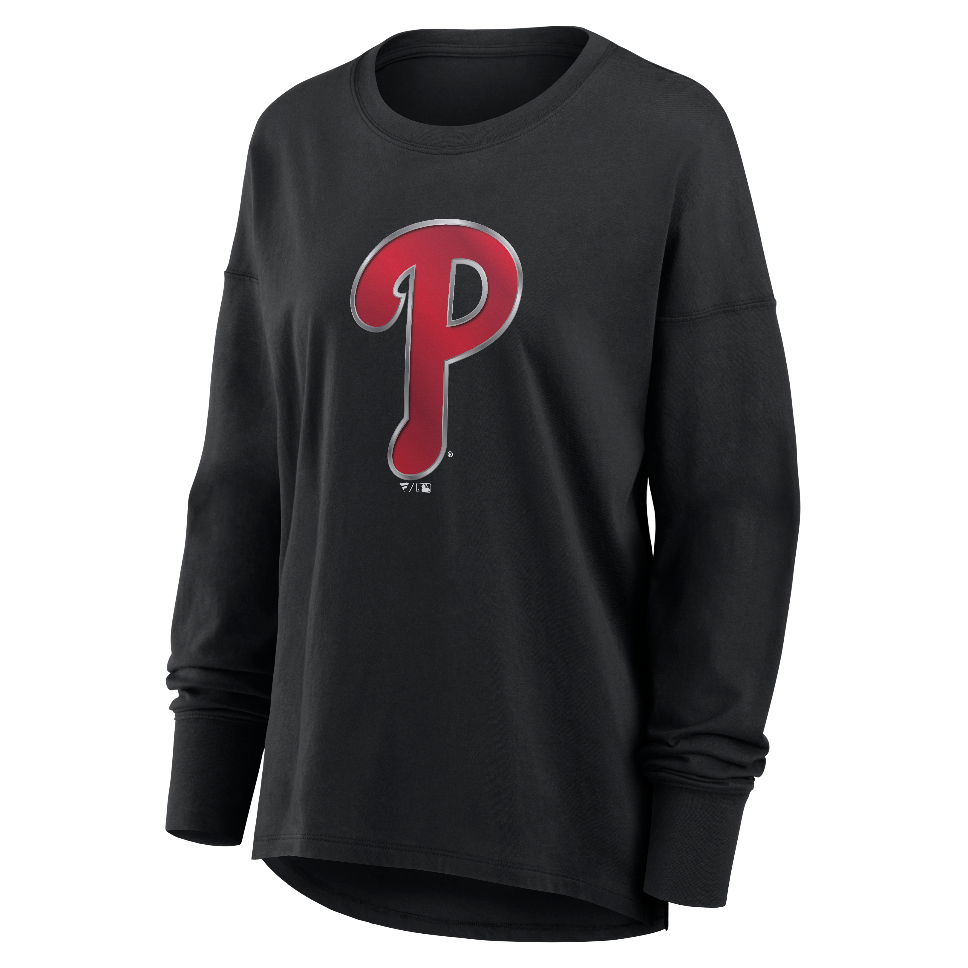 T-shirt à manches longues noir pour femmes avec mascotte métallique des Phillies de Philadelphie