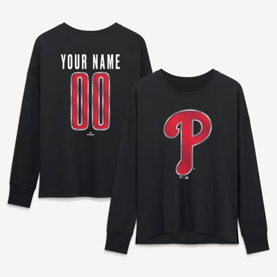 Philadelphia Phillies Women's Metallic Mascot Personalized Name & Number Long Sleeve T-Shirt - Black