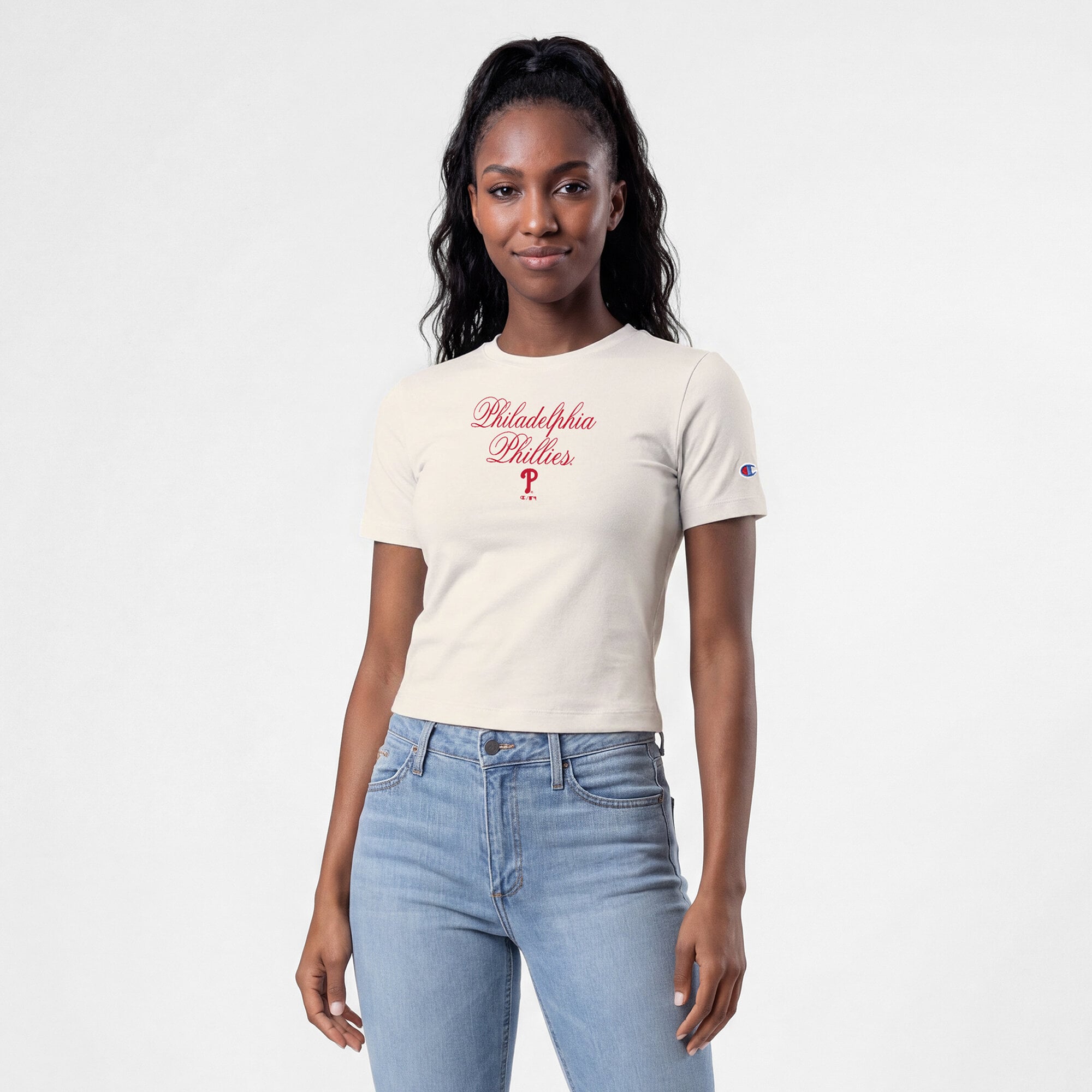 T-shirt court ajusté doux au toucher Champion Cream Philadelphia Phillies pour femme