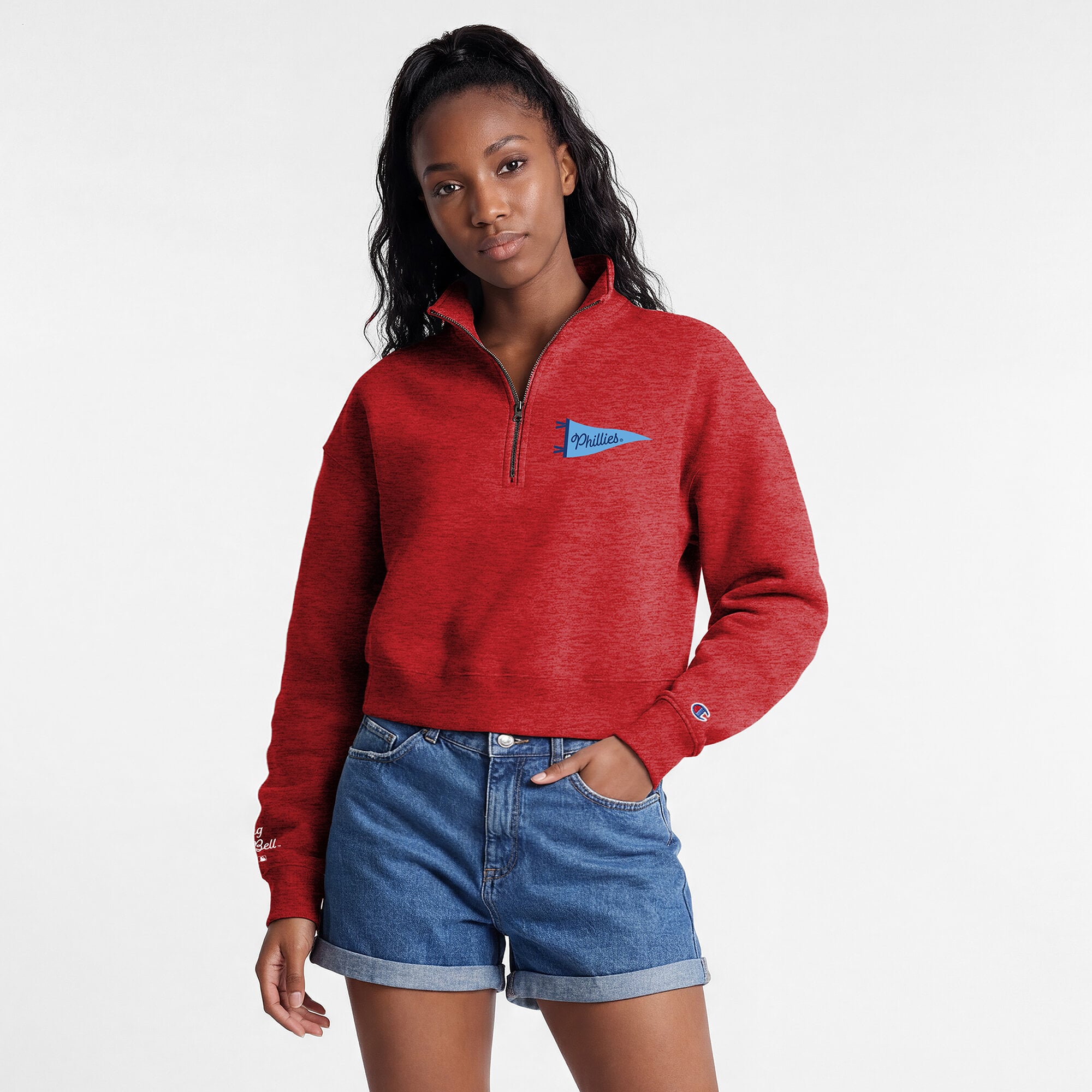 Pull court à col zippé Champion rouge Philadelphia Phillies Triumph en polaire tri-blend pour femme