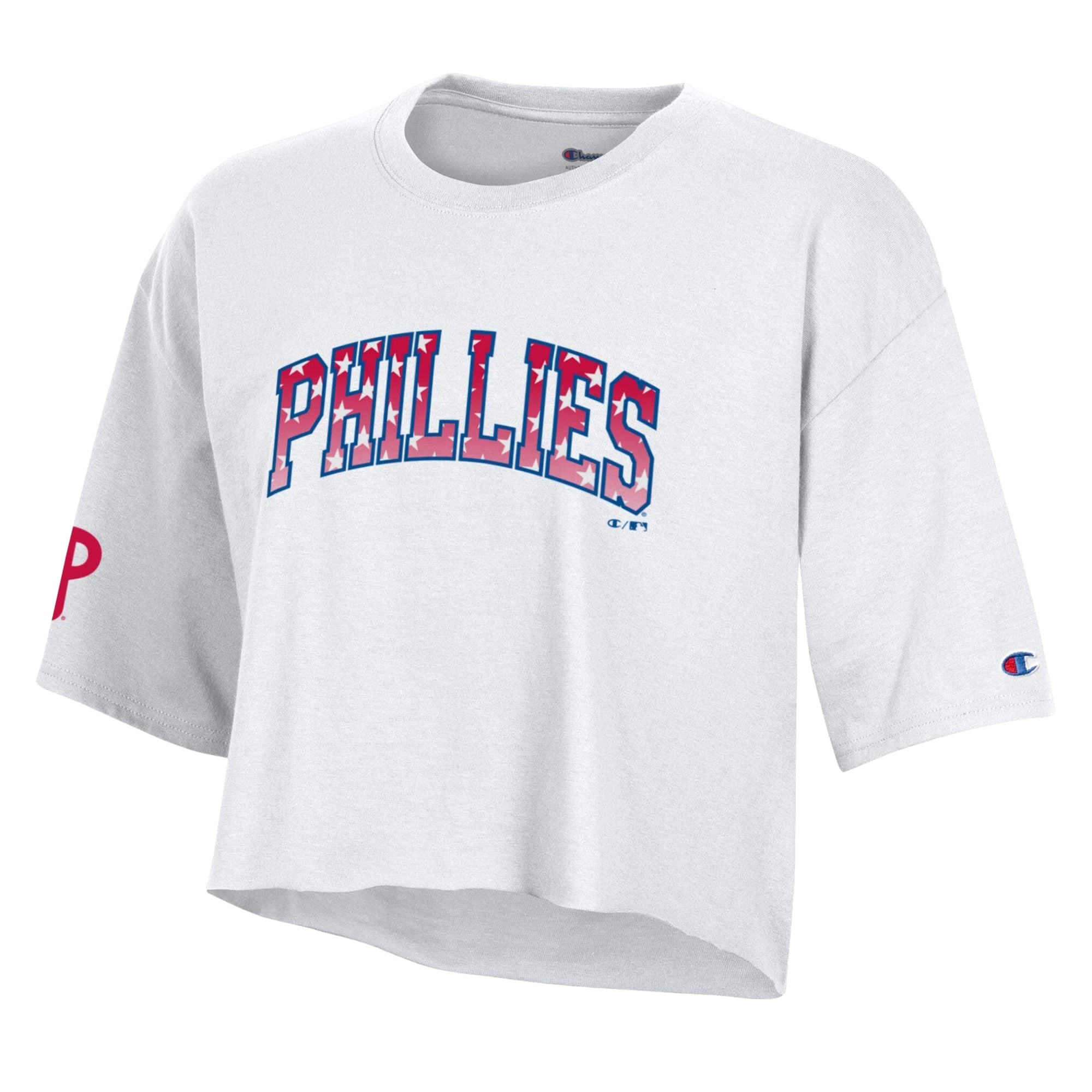 Women's Champion White Philadelphia Phillies Boyfriend Cropped Americana T-Shirt