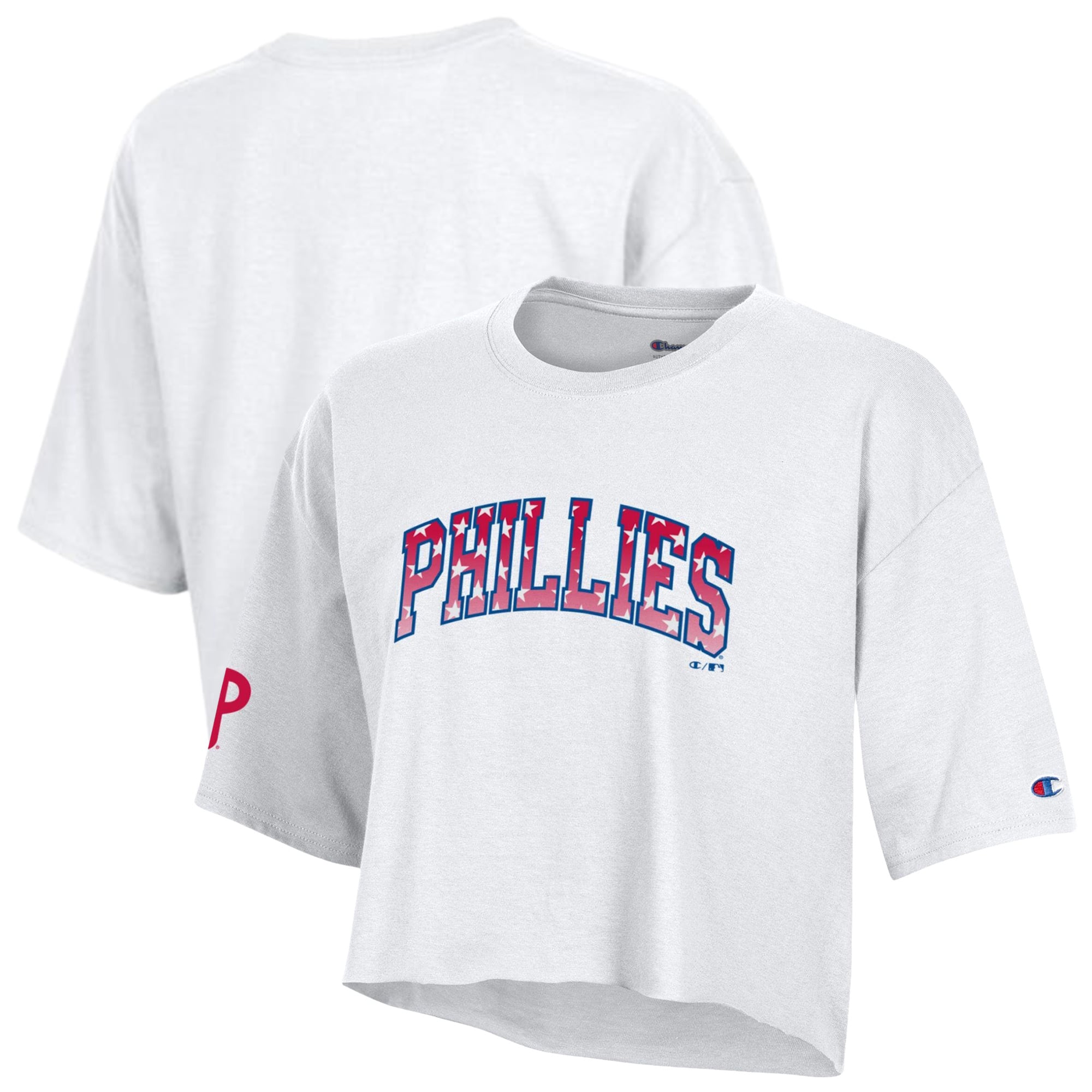 Women's Champion White Philadelphia Phillies Boyfriend Cropped Americana T-Shirt