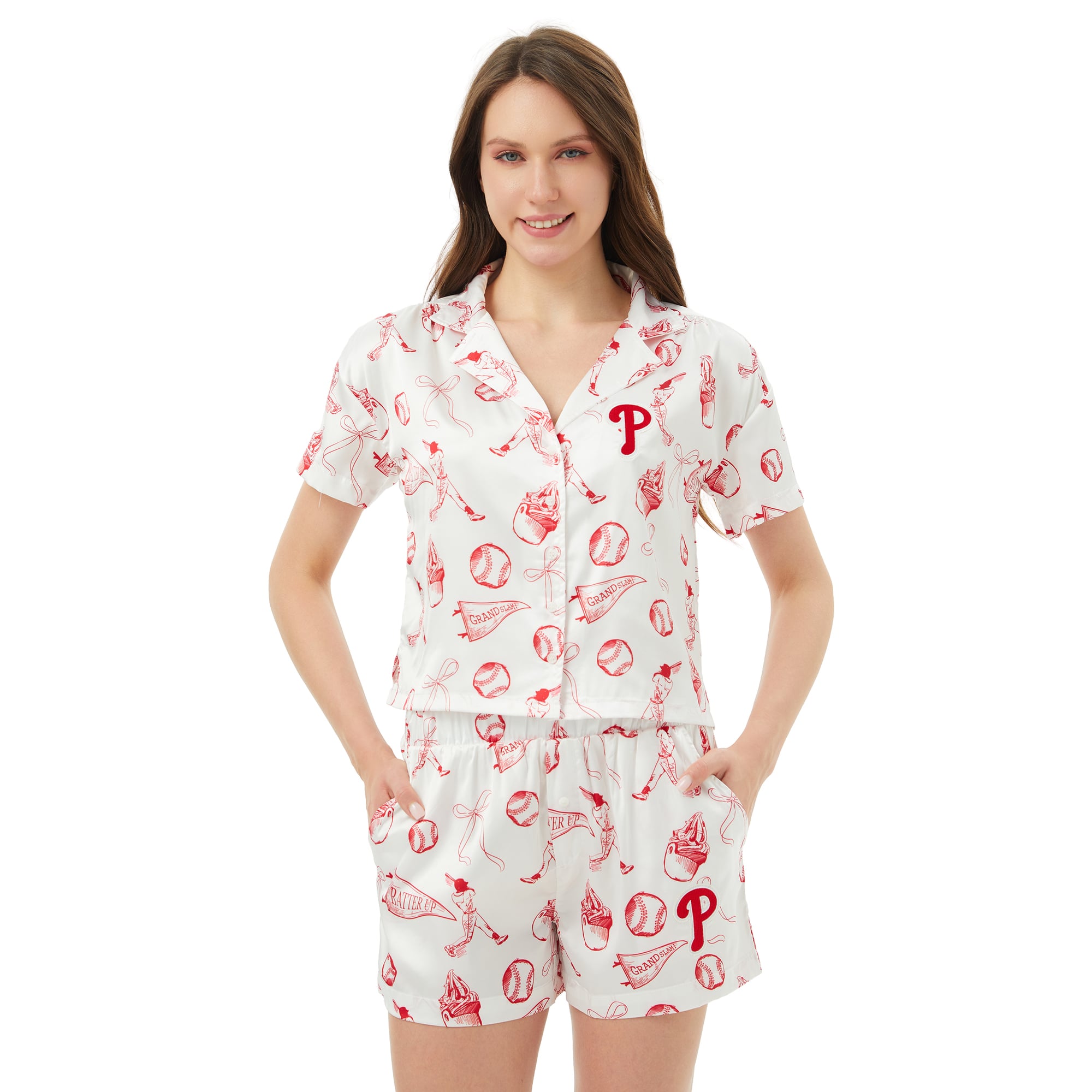 Women's Concepts Sport  White Philadelphia Phillies Hilton Satin Allover Print Button-Up Shirt & Shorts Set