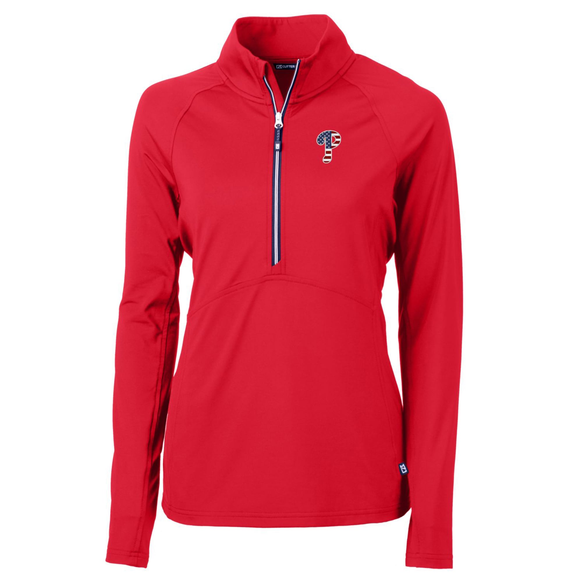 Pull à demi-zip Cutter & Buck rouge Philadelphia Phillies pour femme, logo Americana, en maille écologique extensible recyclée.