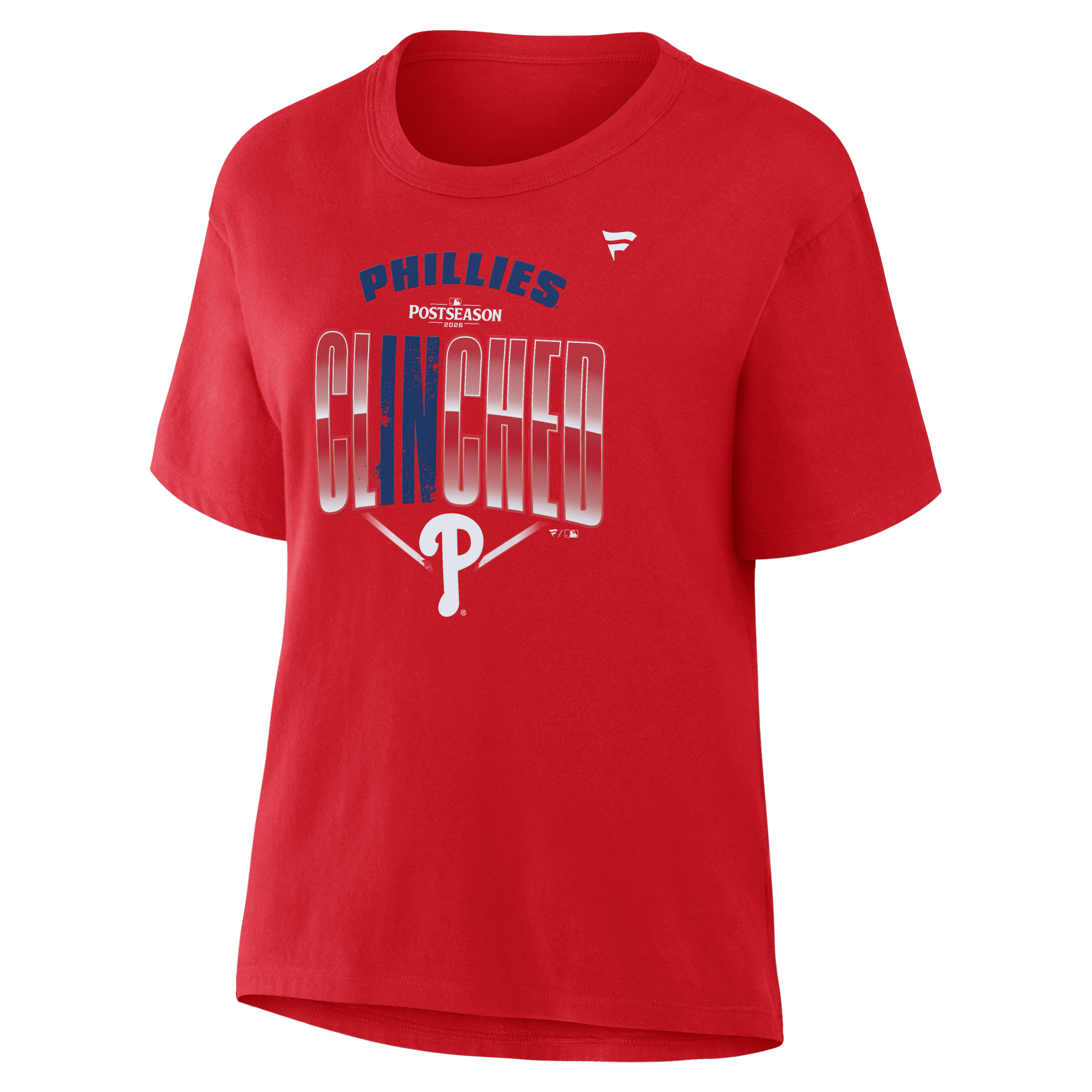 T-shirt Fanatics rouge pour femmes, Philadelphia Phillies, séries éliminatoires de la MLB 2026, vestiaire
