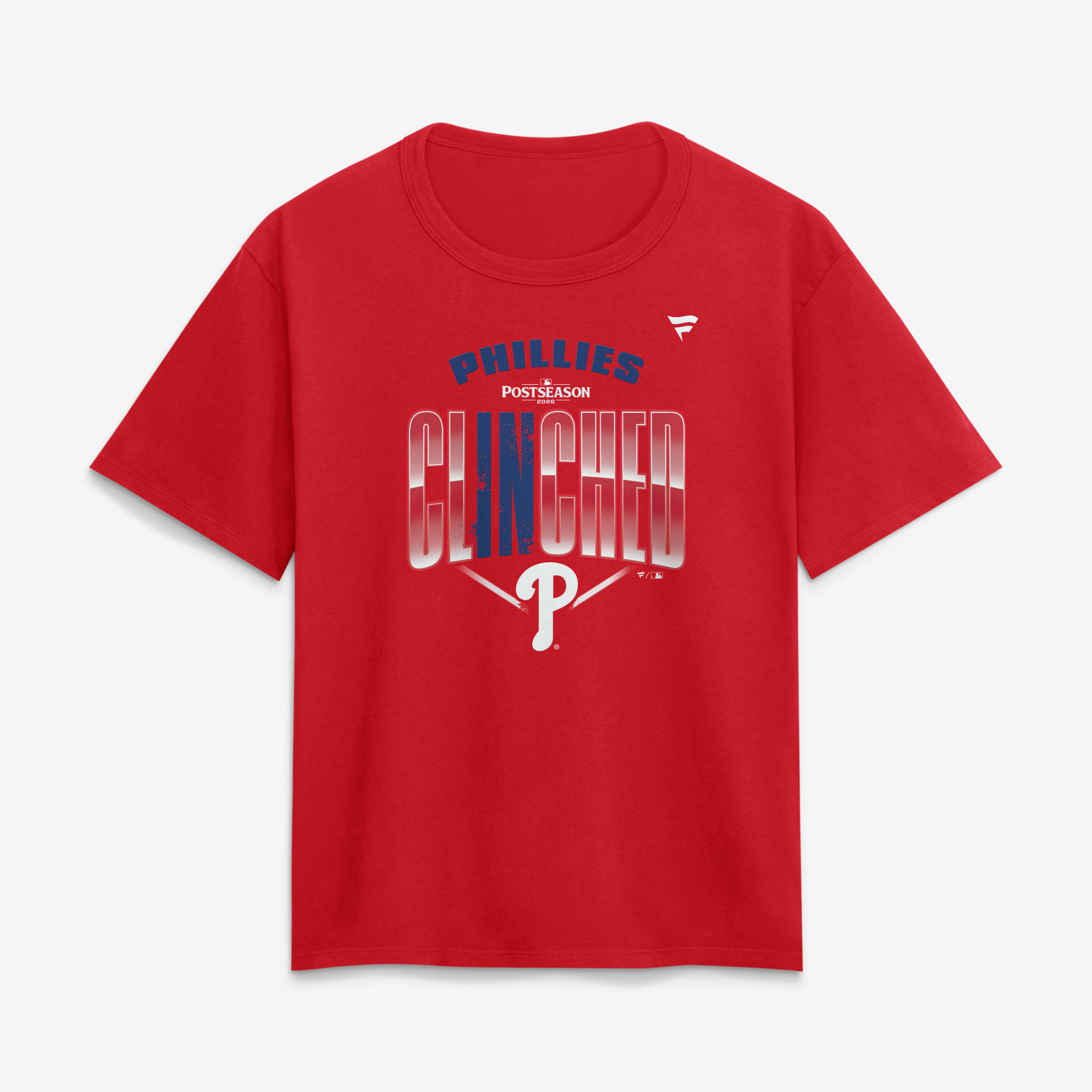 T-shirt Fanatics rouge pour femmes, Philadelphia Phillies, séries éliminatoires de la MLB 2026, vestiaire