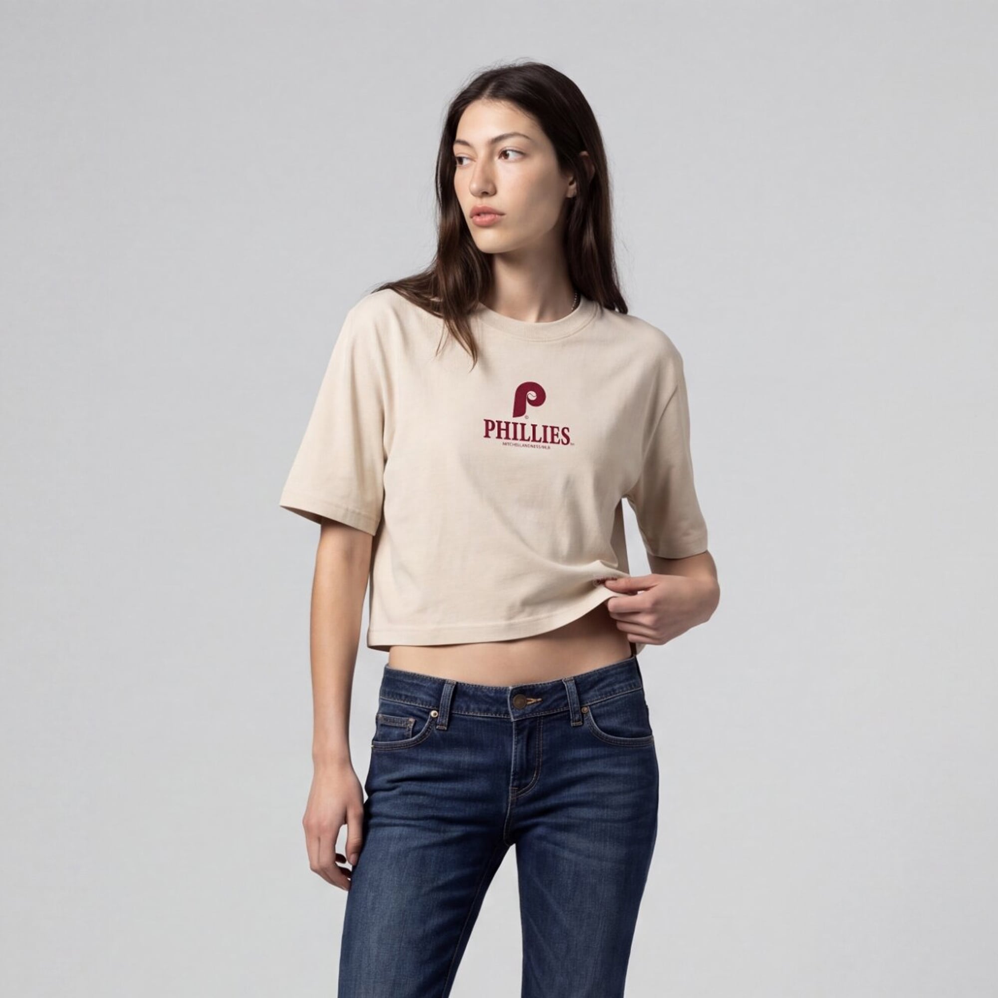 Women's Mitchell & Ness Cream Philadelphia Phillies Core Essentials Boxy Crop T-Shirt