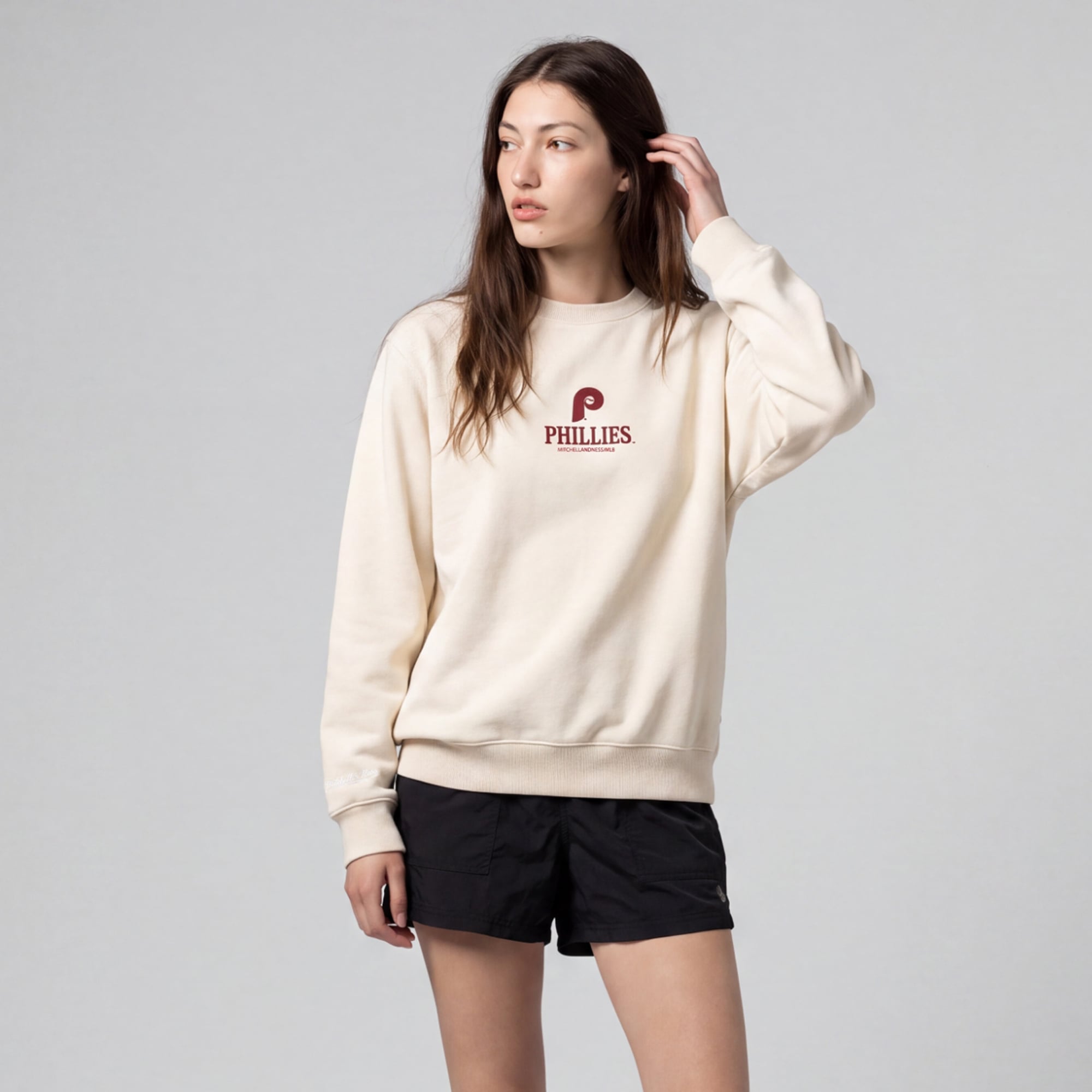 Women's Mitchell & Ness Cream Philadelphia Phillies Core Essentials Micro Logo Fleece Sweatshirt