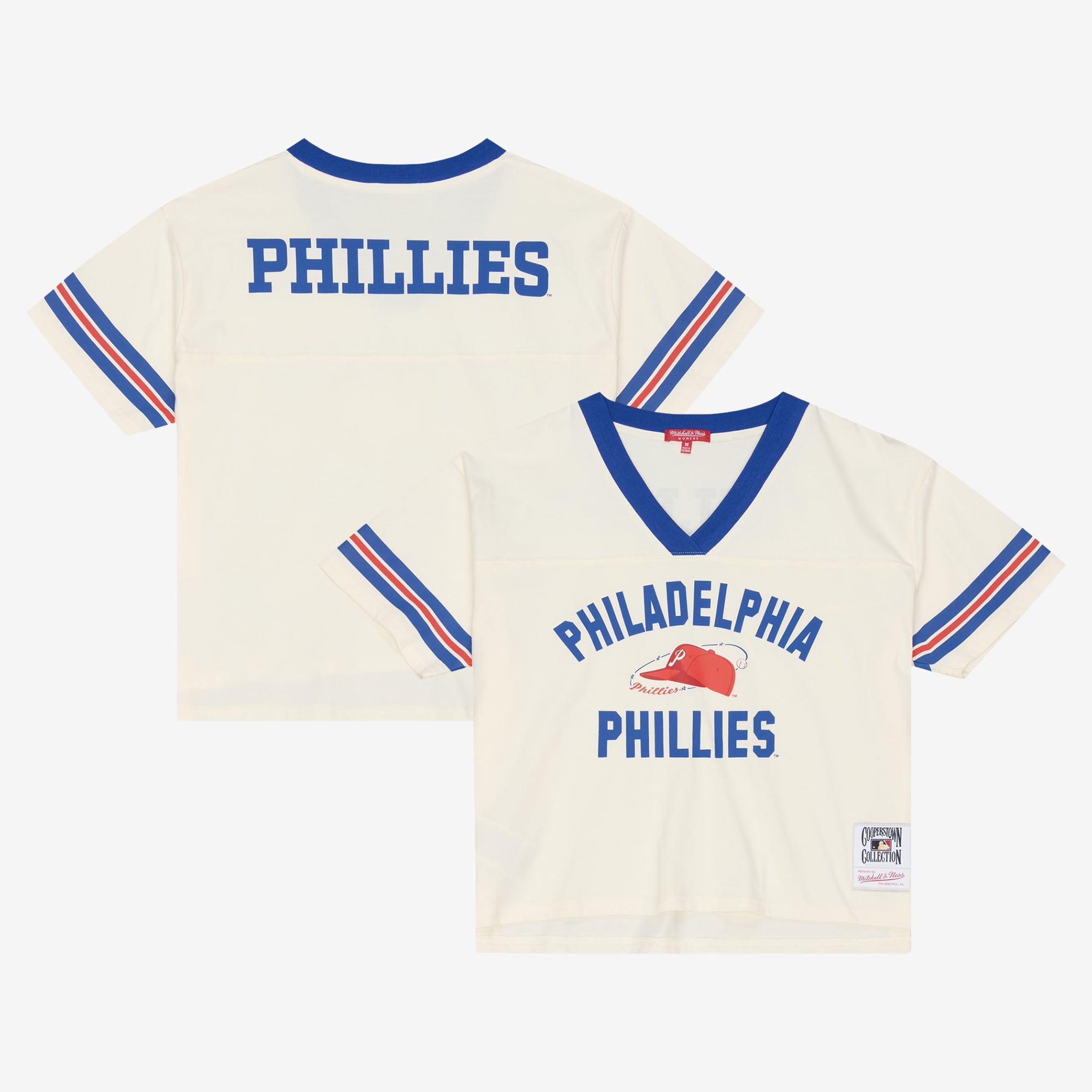 T-shirt court à col en V Mitchell & Ness crème Philadelphia Phillies Retro Roots Hardwood Classics pour femme